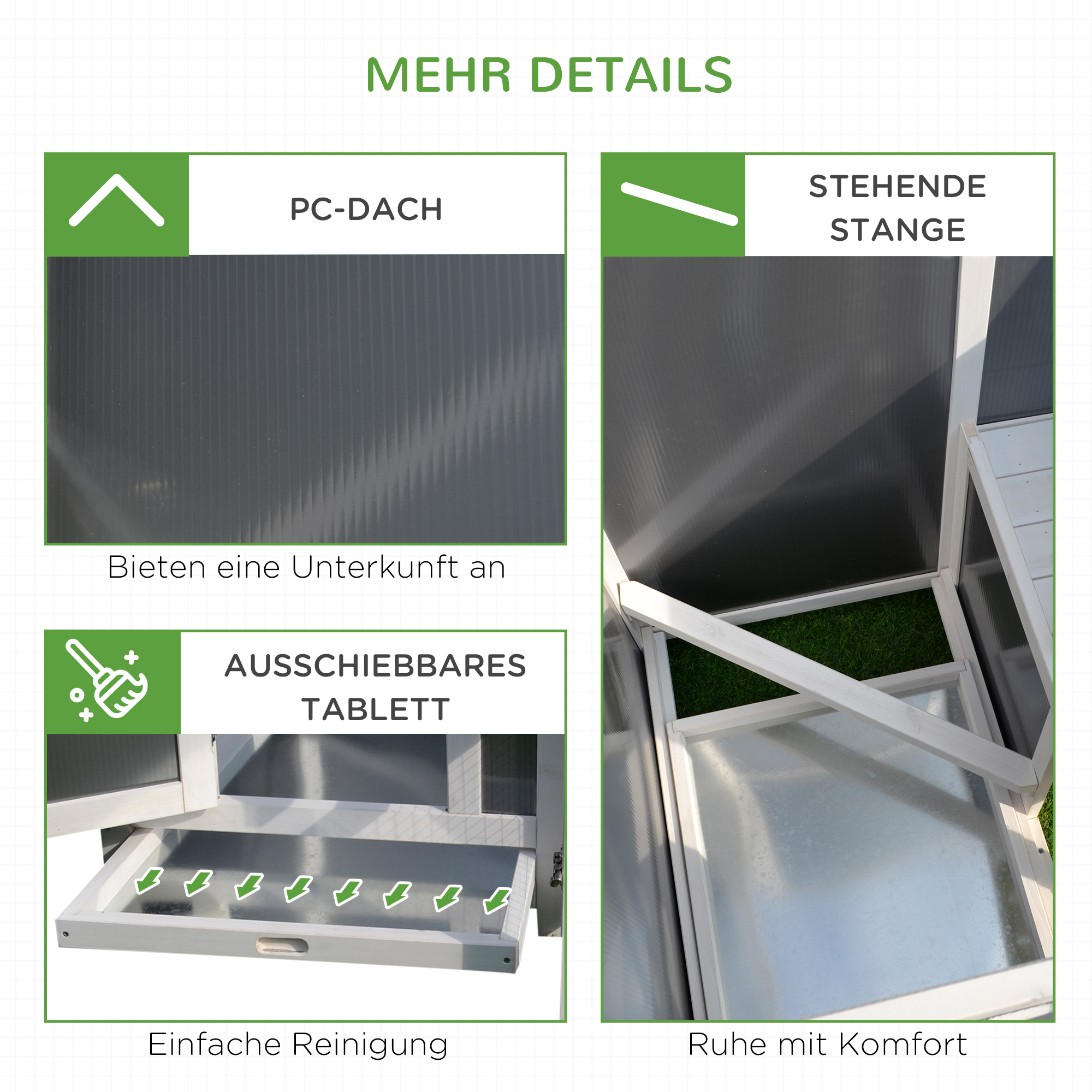 Hühnerstall Hühnerhaus aus Holz 160 x 75 x 80 cm Freilaufgehege mit Tür Nistkasten wasserdicht Dach herausziehbarem Tablett Sitzstange Auslauf Hühnergehege für 1-2 Hühner für Garten Grau+Weiß