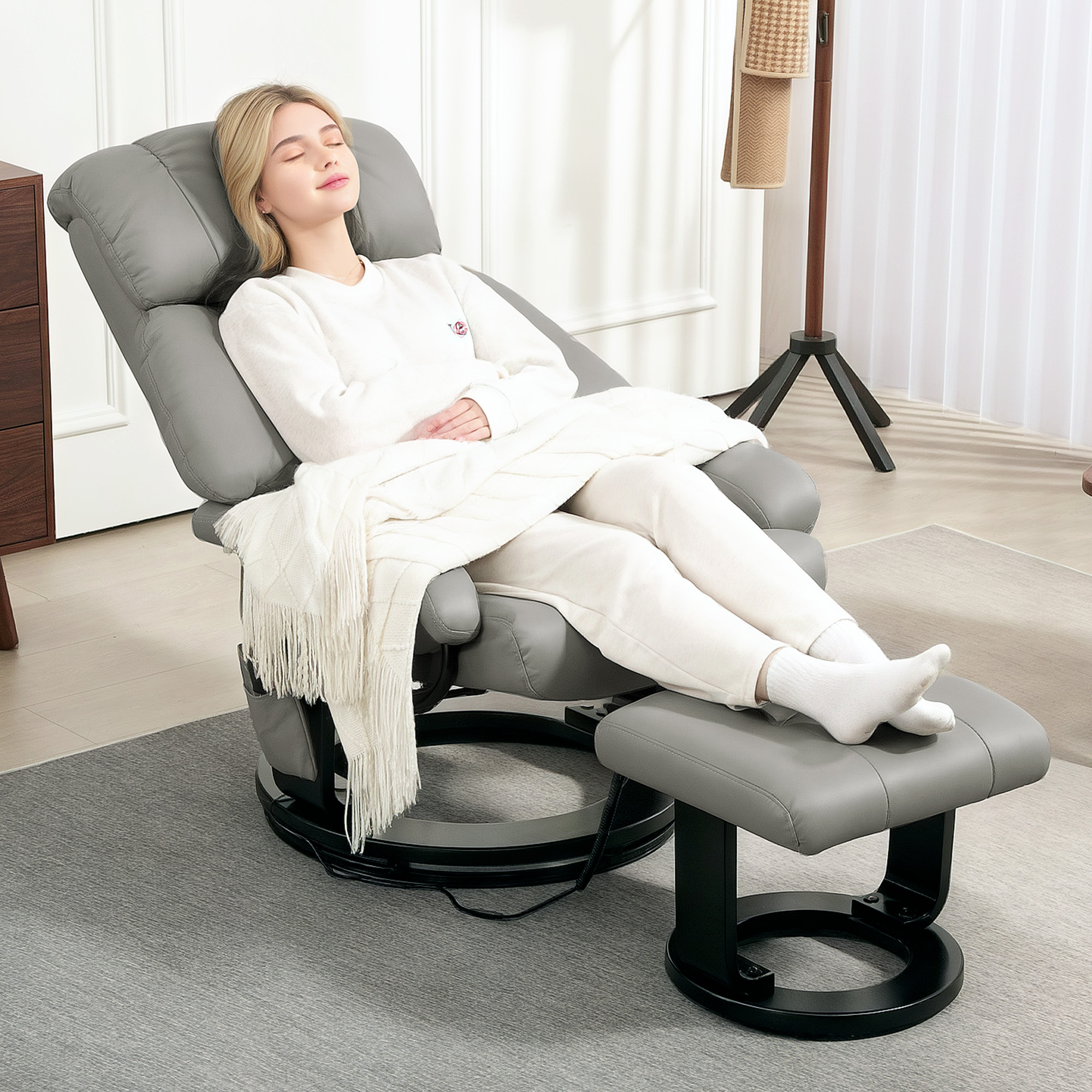 Relaxsessel Massagefunktion Fernsehsessel mit Seitentasche, Kunstleder, Grau