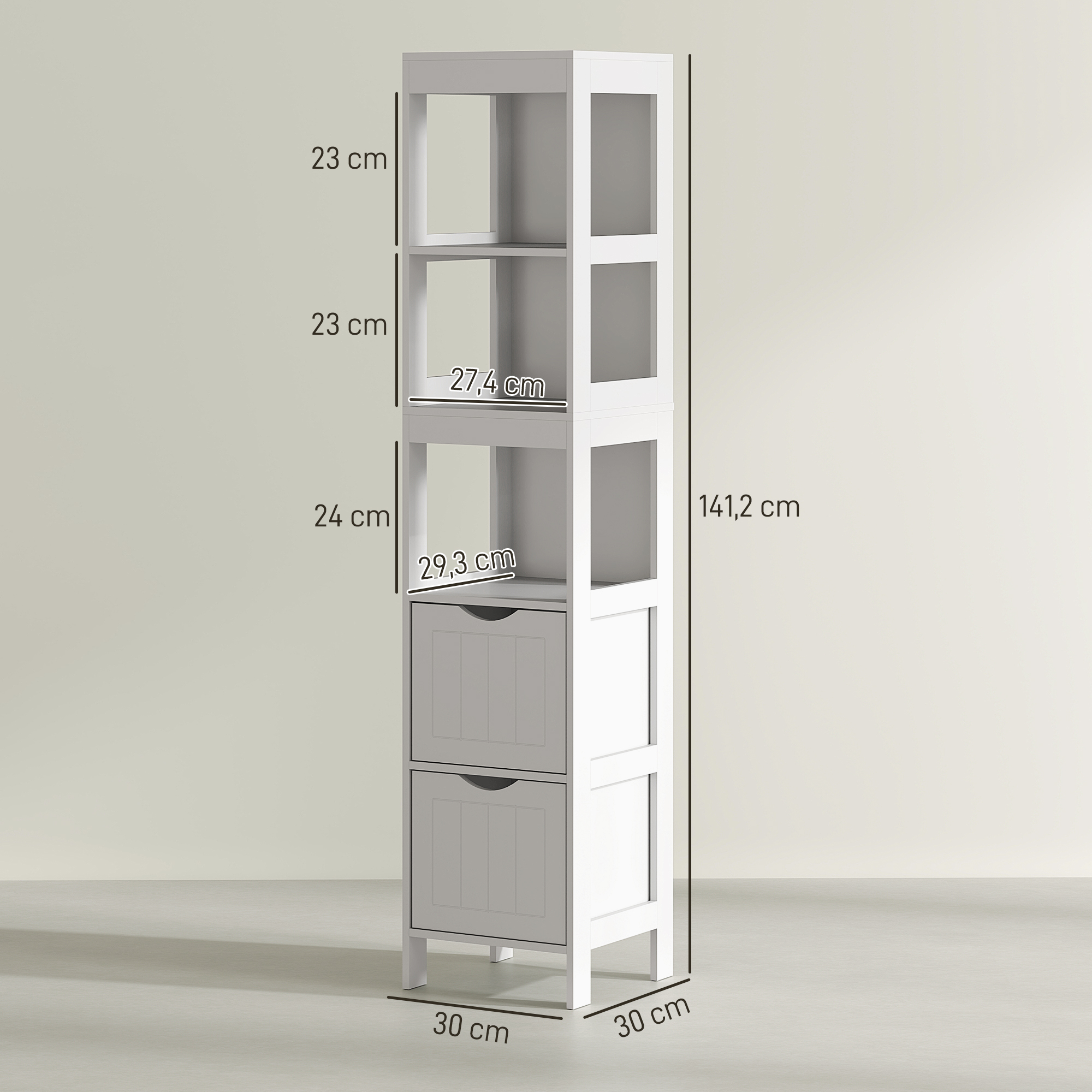 Badezimmerschrank, Kompaktes Badezimmerregal mit 2 Schubladen und 3 offenen Fächern, Freistehendes Badregal, MDF, Weiß