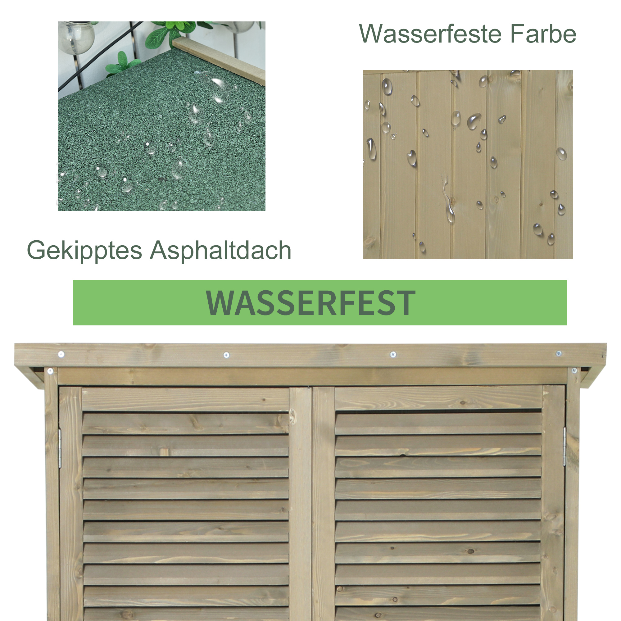 Gartenschrank Holz Geräteschuppen Gerätehaus mit Asphaltdach Lamellentür Geräteschrank Schuppen Garten 4 Fächer Grau 87 x 46,5 x 160 cm