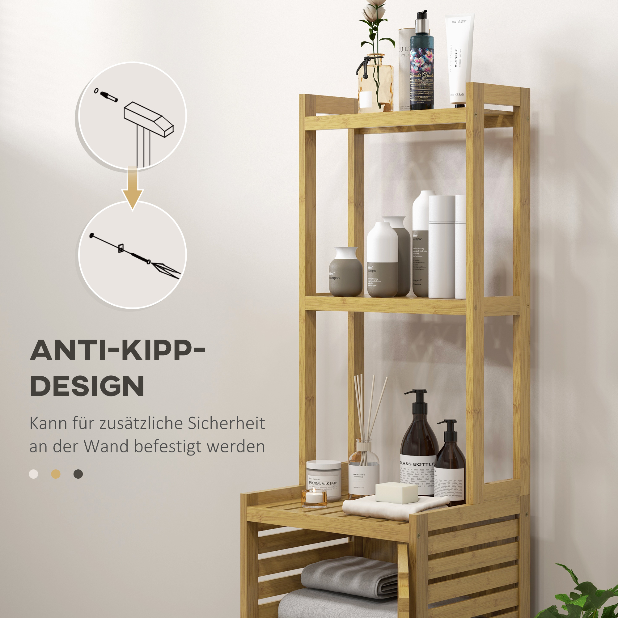 Badezimmerregal Badregal, 3 Regale, 1 Schrank, 38,5 cm x 33 cm x 170 cm, Natur