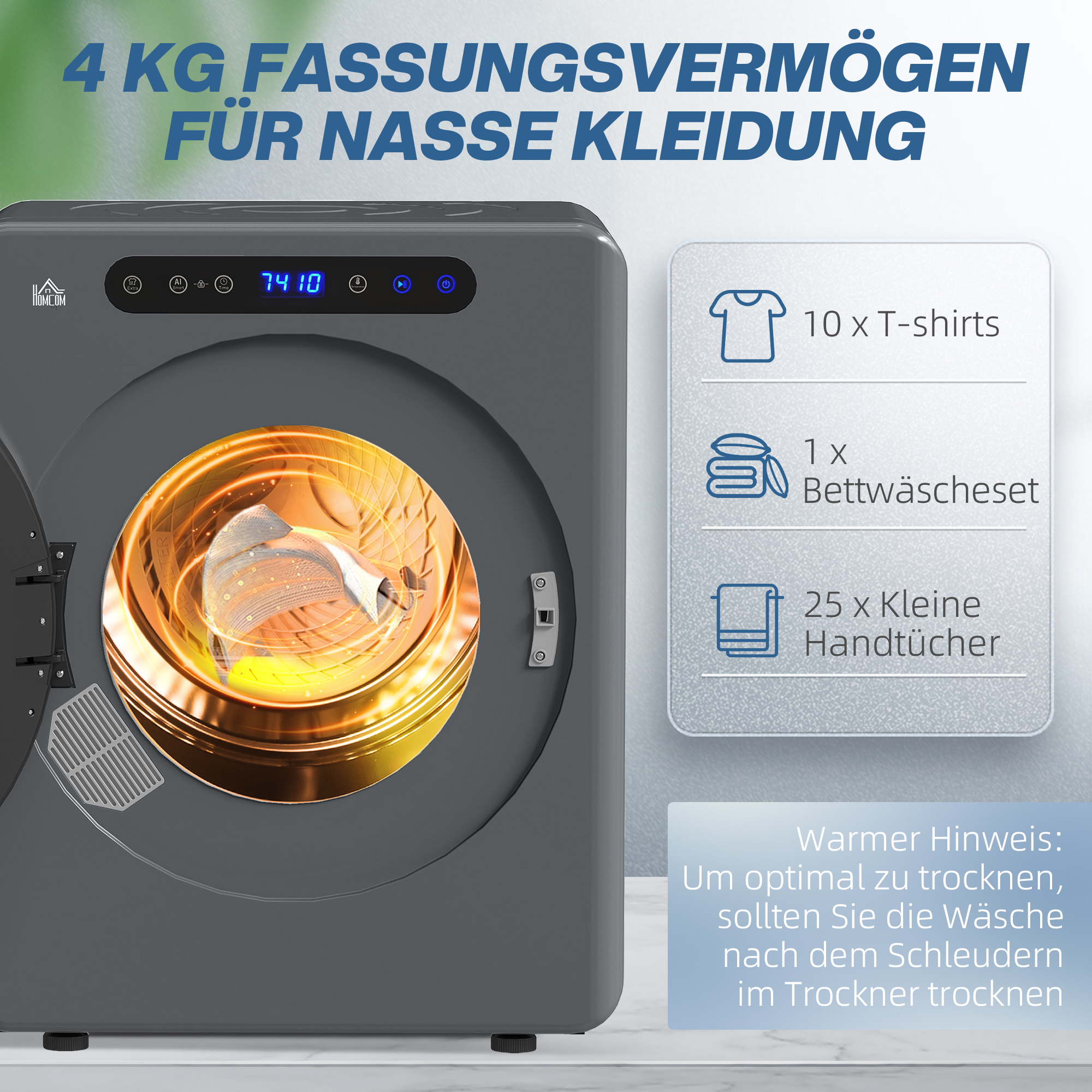 Wäschetrockner, 6 Programme, 40-60?, 3 kg Kapazität, kompakt, Touch-Bedienung, Grau