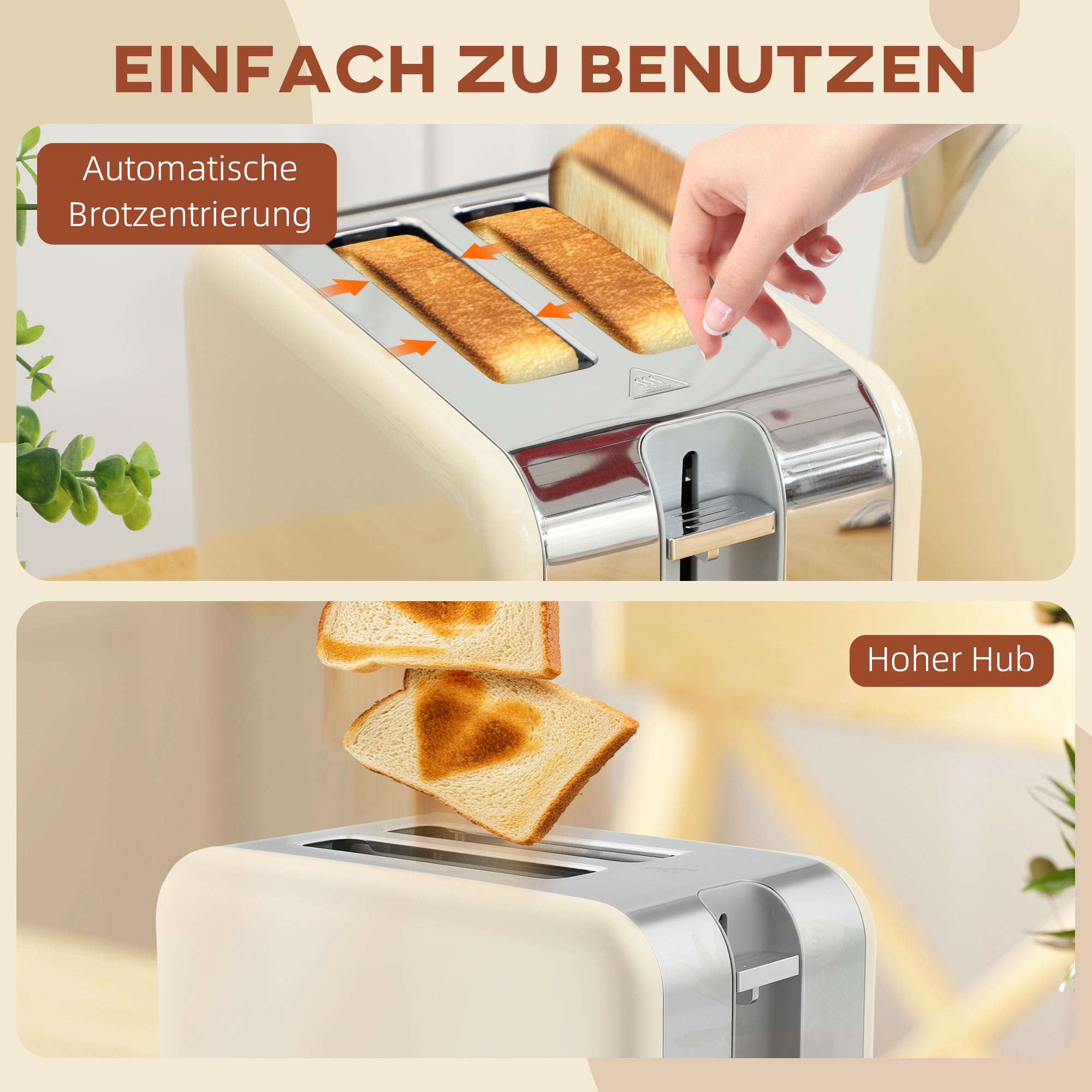 Wasserkocher- und Toaster-Set, 2200W, 7 Bräunungsstufen, versch. Funktionen, Creme