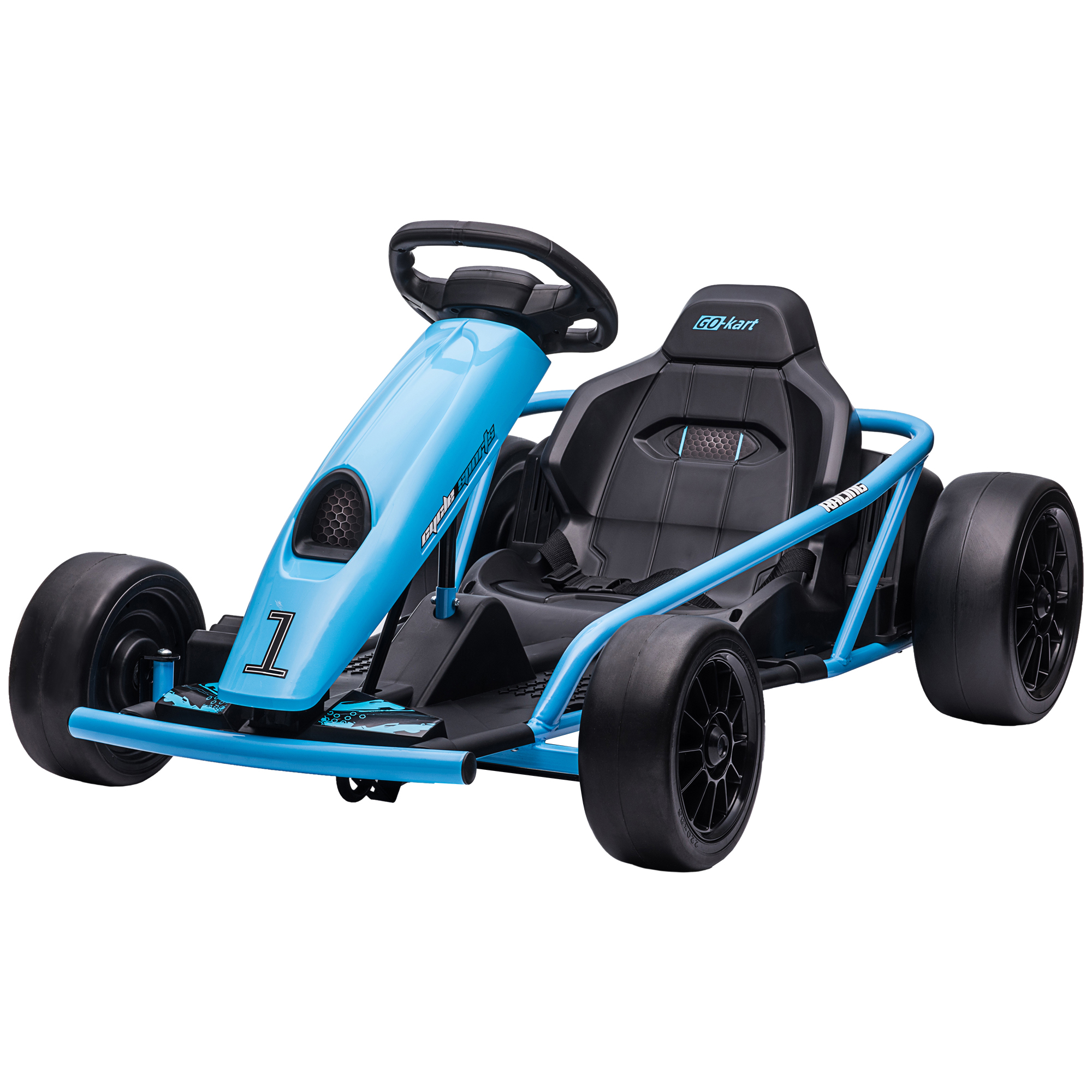 Elektro-Gokart für Kinder, Drift-Funktion, Hupe, Musik, Sicherheitsgurt, Soft-Start, Blau/Schwarz