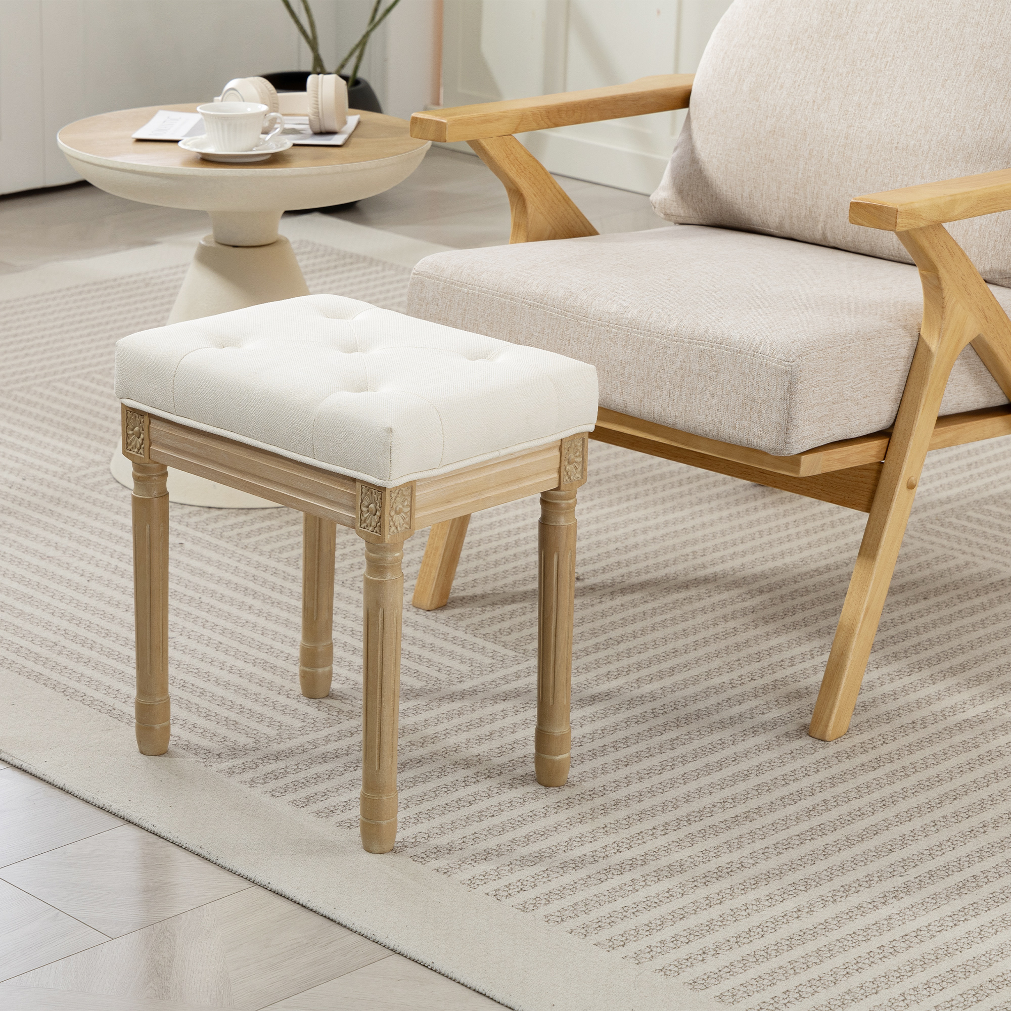 Leinen Sitzhocker, Polsterbank, Fußbank mit gepolstertem Sitz, Holzbeine, 42 x 32 x 46,5 cm, Beige