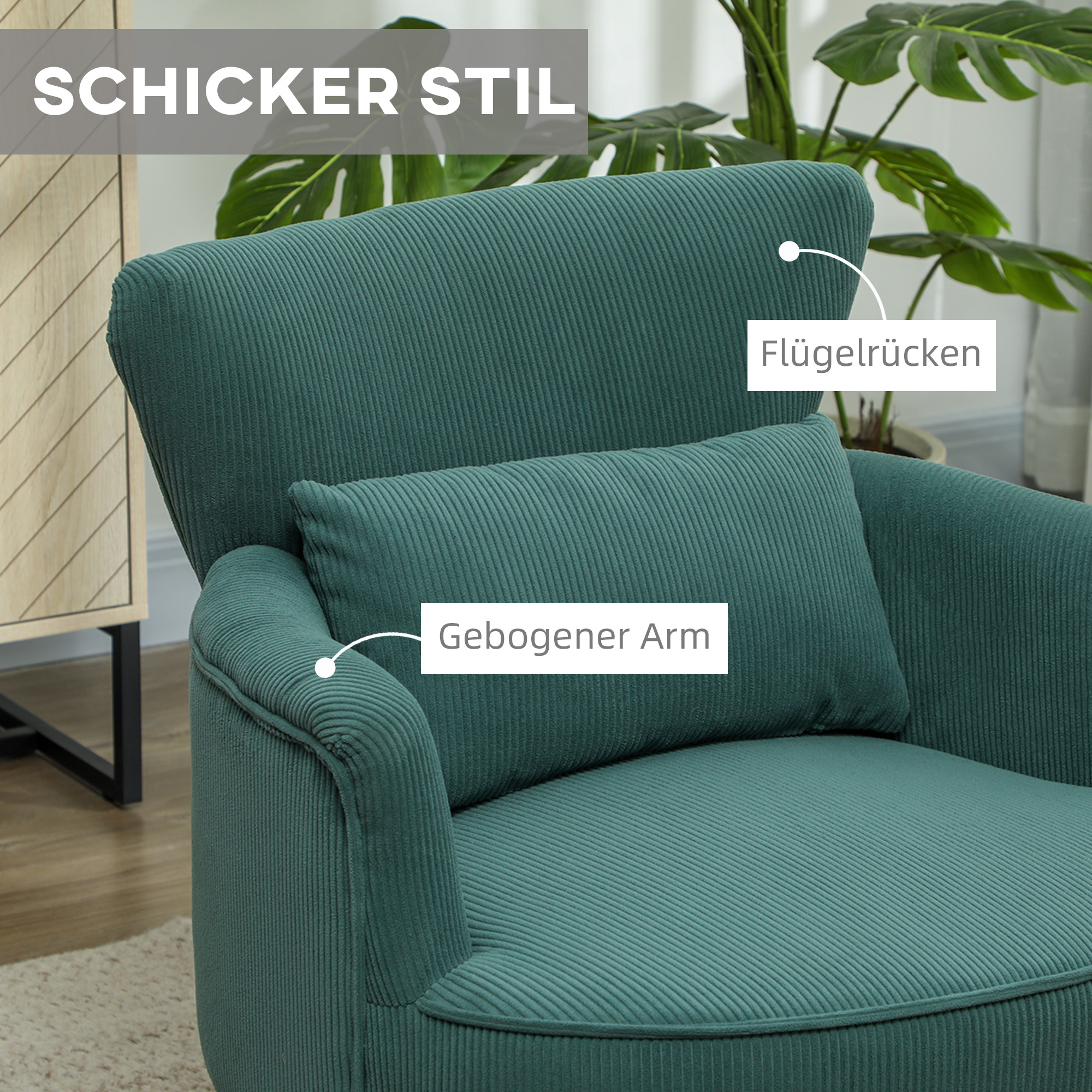 Moderner Armlehnstuhl, Gepolsterter Akzentstuhl mit Lendenkissen, Kautschukholzbeinen, Dunkelgrün