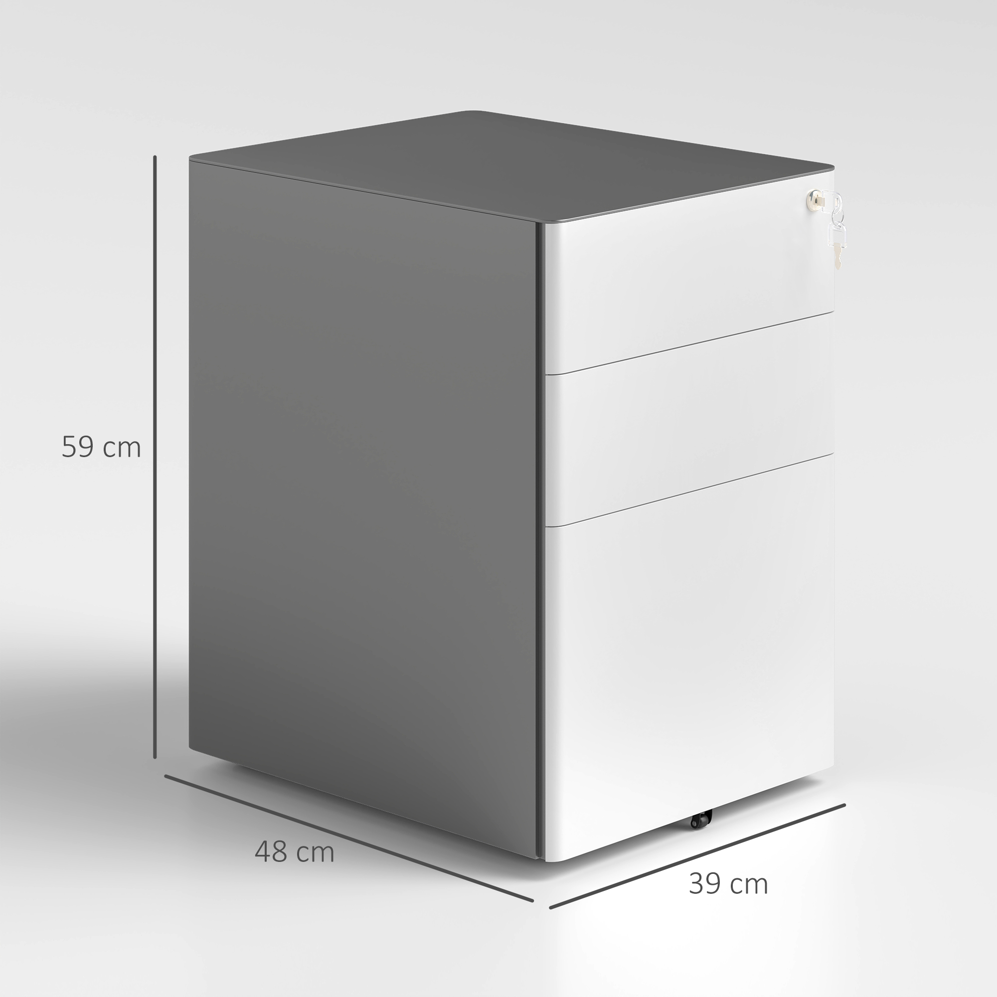 Aktenschrank, Rollcontainer, 3 Schubladen & Hängeregister, Schloss, Stahlgehäuse, 39x48x59 cm, Weiß+Grau