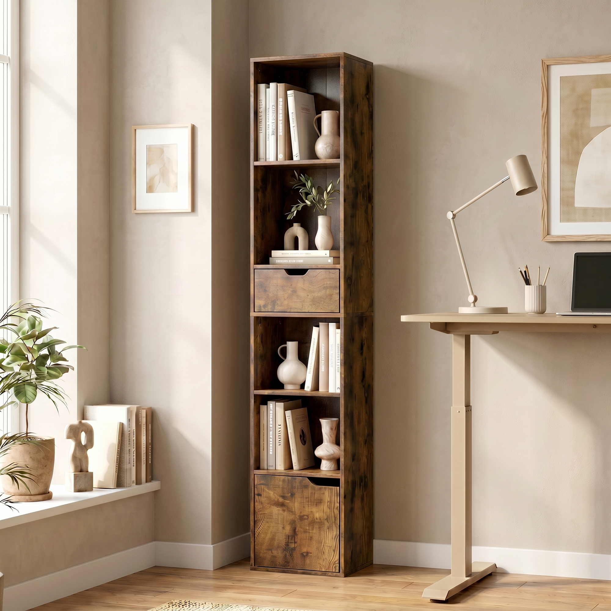 Bücherregal mit 6 Ebenen, 3-stufig verstellbar, mit Schublade, Schranktür, anpassbares Regal, Ausstellungsregal, Braun