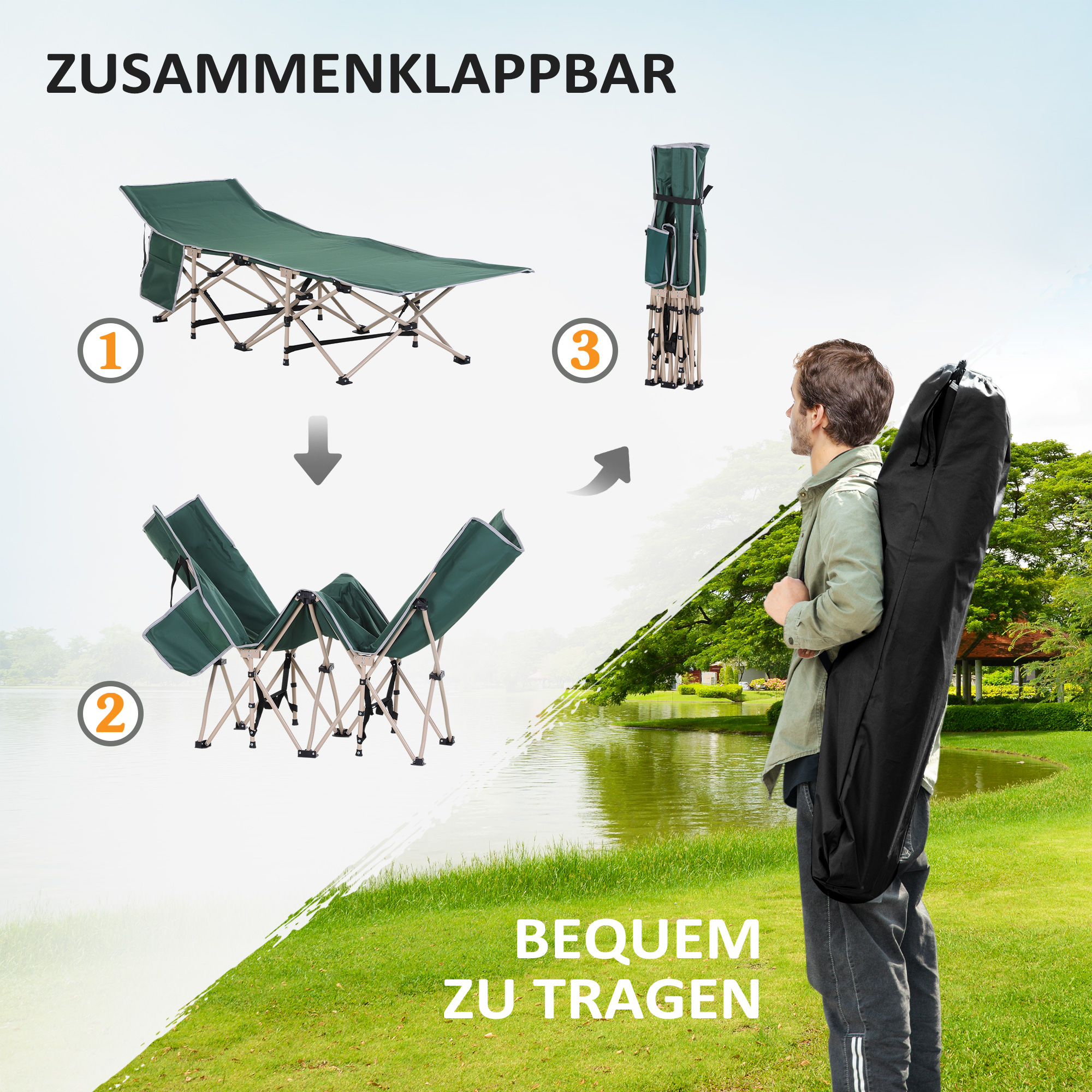 Feldbett, Camping-Bett, klappbar, wetterbeständig, ink. Tragetasche, 190 cm x 68 cm x 52 cm, Grün + Beige