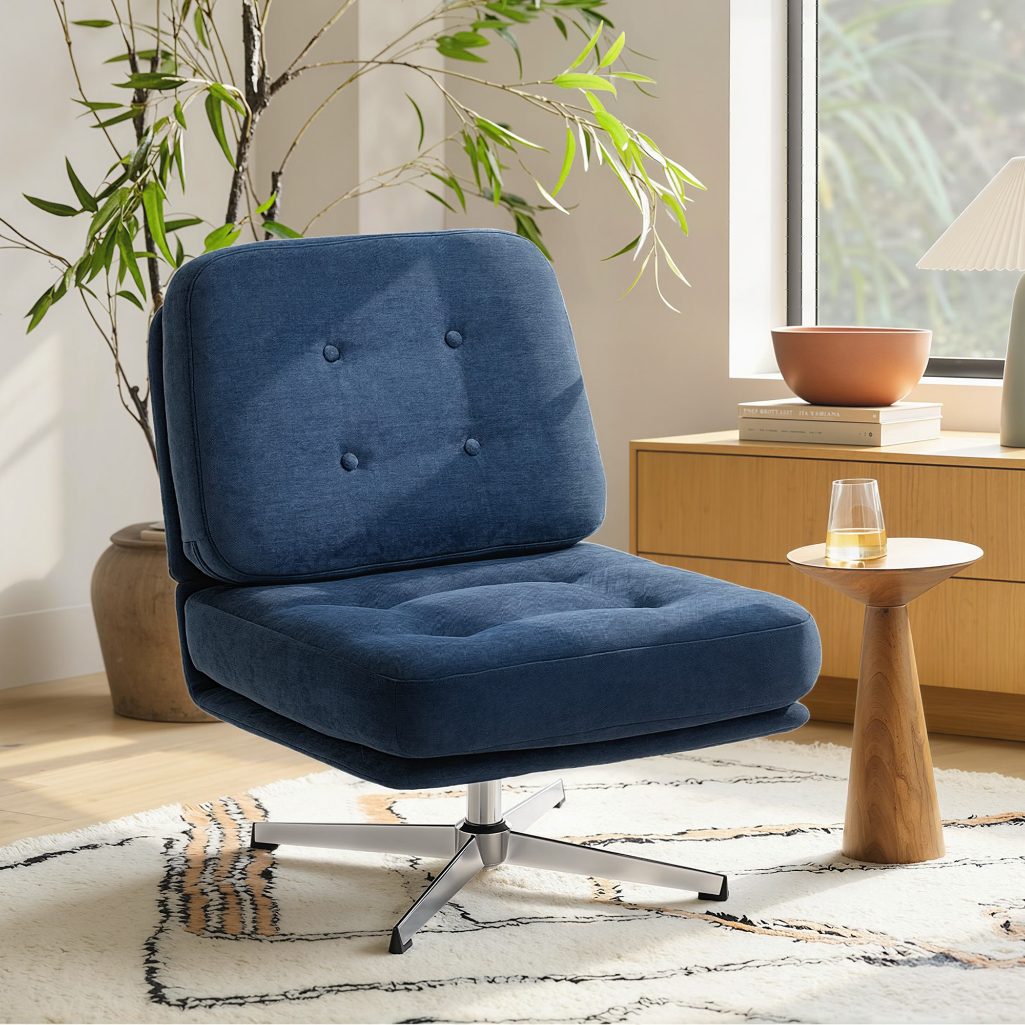 Drehbarer Akzentstuhl, gepolsterter Lesesessel mit Chenille, breitem Sitz, Federkissen und Metallbeinen, Dunkelblau