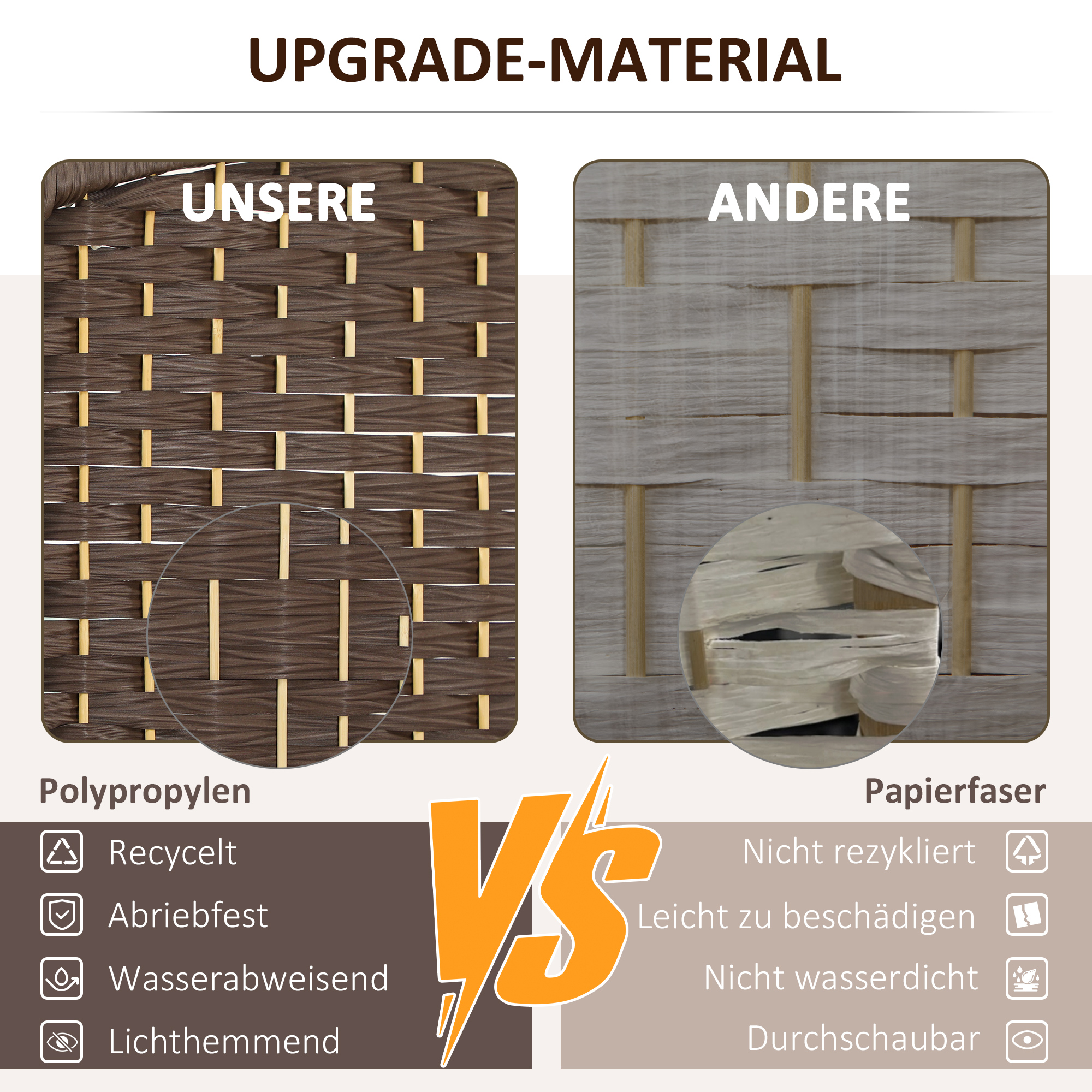 Raumteiler, 3-teilig faltbare Trennwand, Geflechtmuster, Kiefernholz, Braun