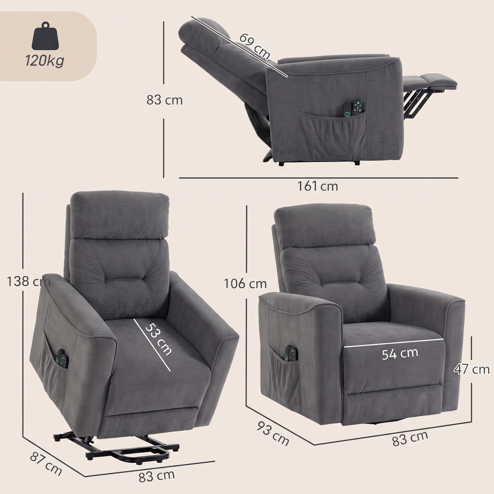 Relaxsessel mit elektrischer Aufstehhilfe, Massage & Wärme, Chenille-Sessel mit Federkern, Dunkelgrau