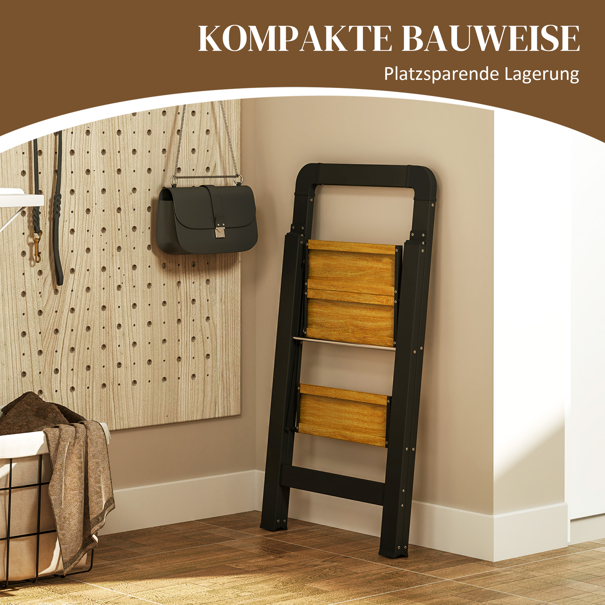 2-stufige Trittleiter, Metall, faltbar, rutschfeste Plattform, Schwarz