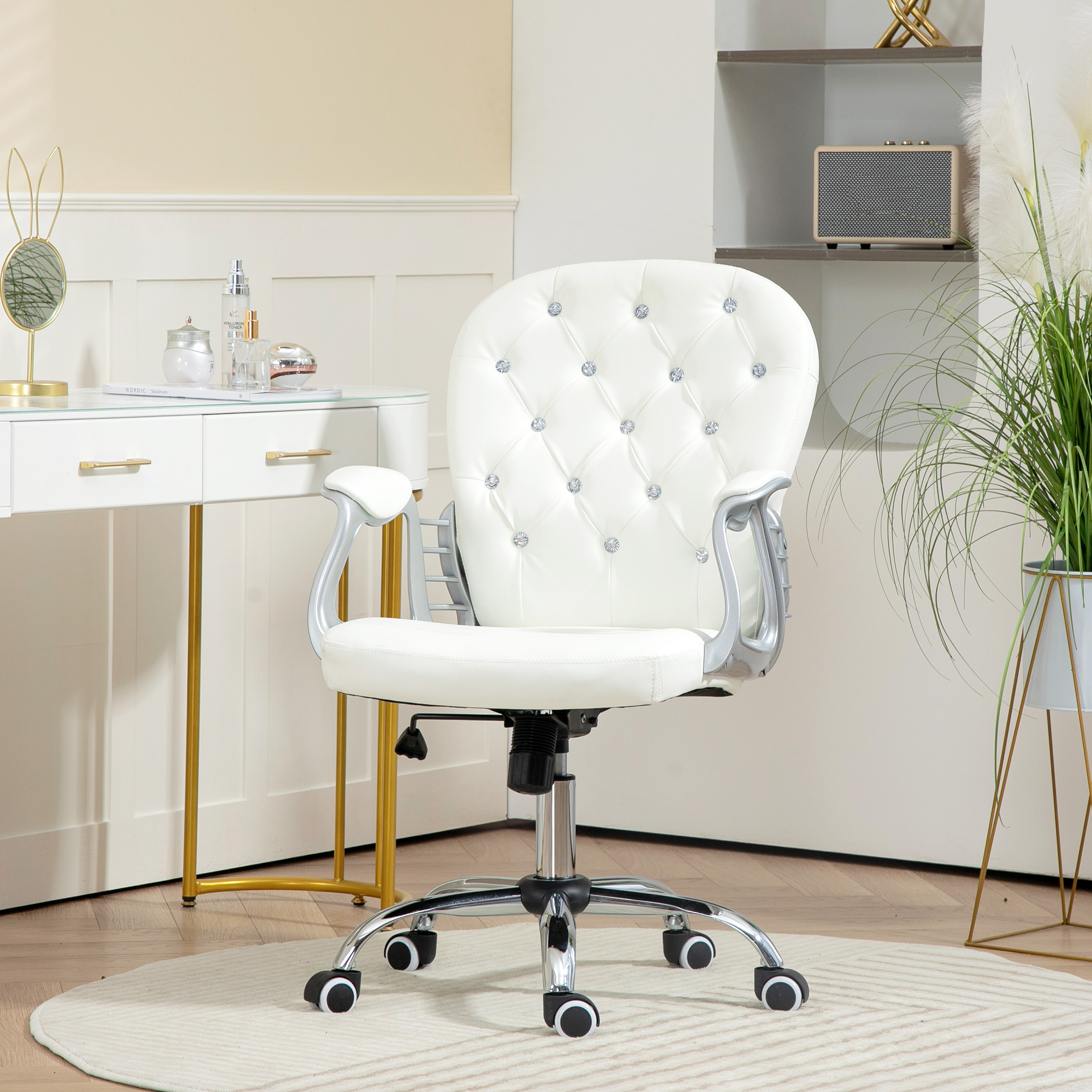 Bürostuhl, Ergonomisch Schreibtischstuhl mit Armlehne, Gepolsterter Rückenlehne Weiß