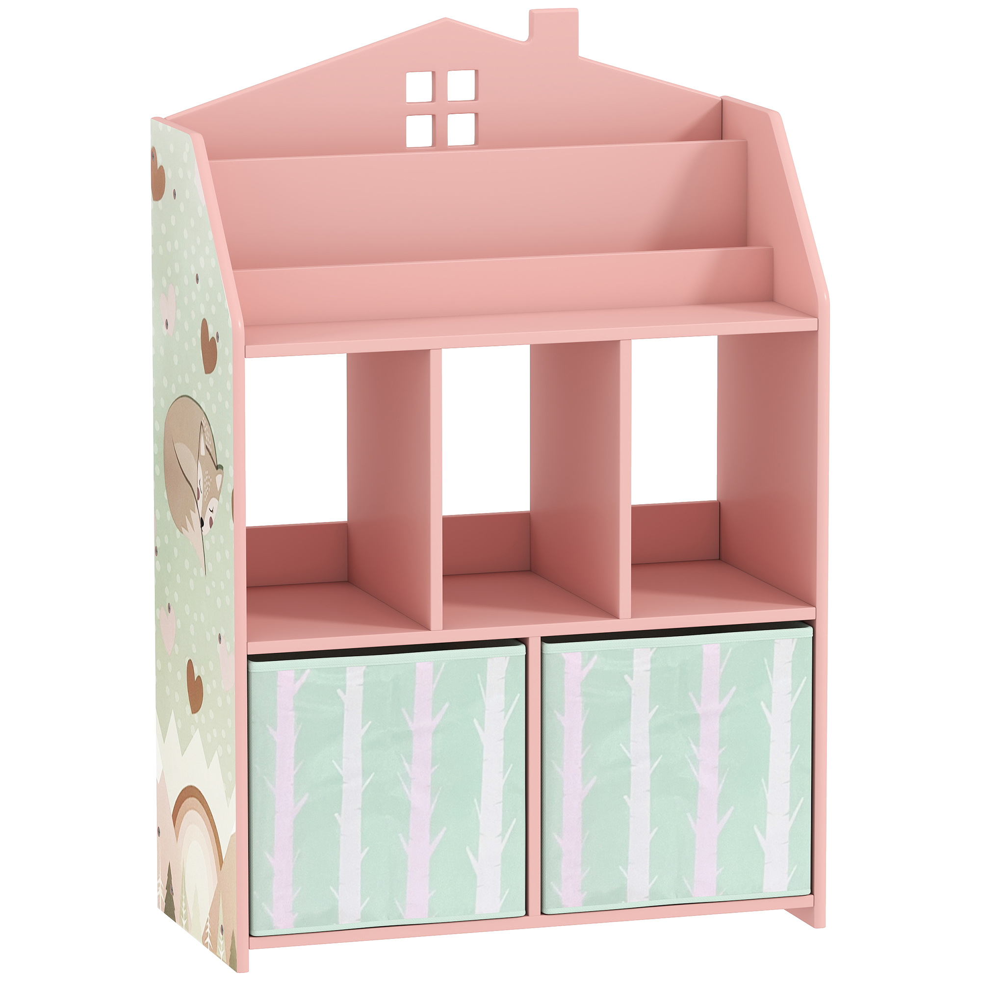 Kinderregal Bücherregal Kinder mit 2 Stoffschubladen offen Regal für 3-8 Jahre 62,5x30x91,5 cm Rosa