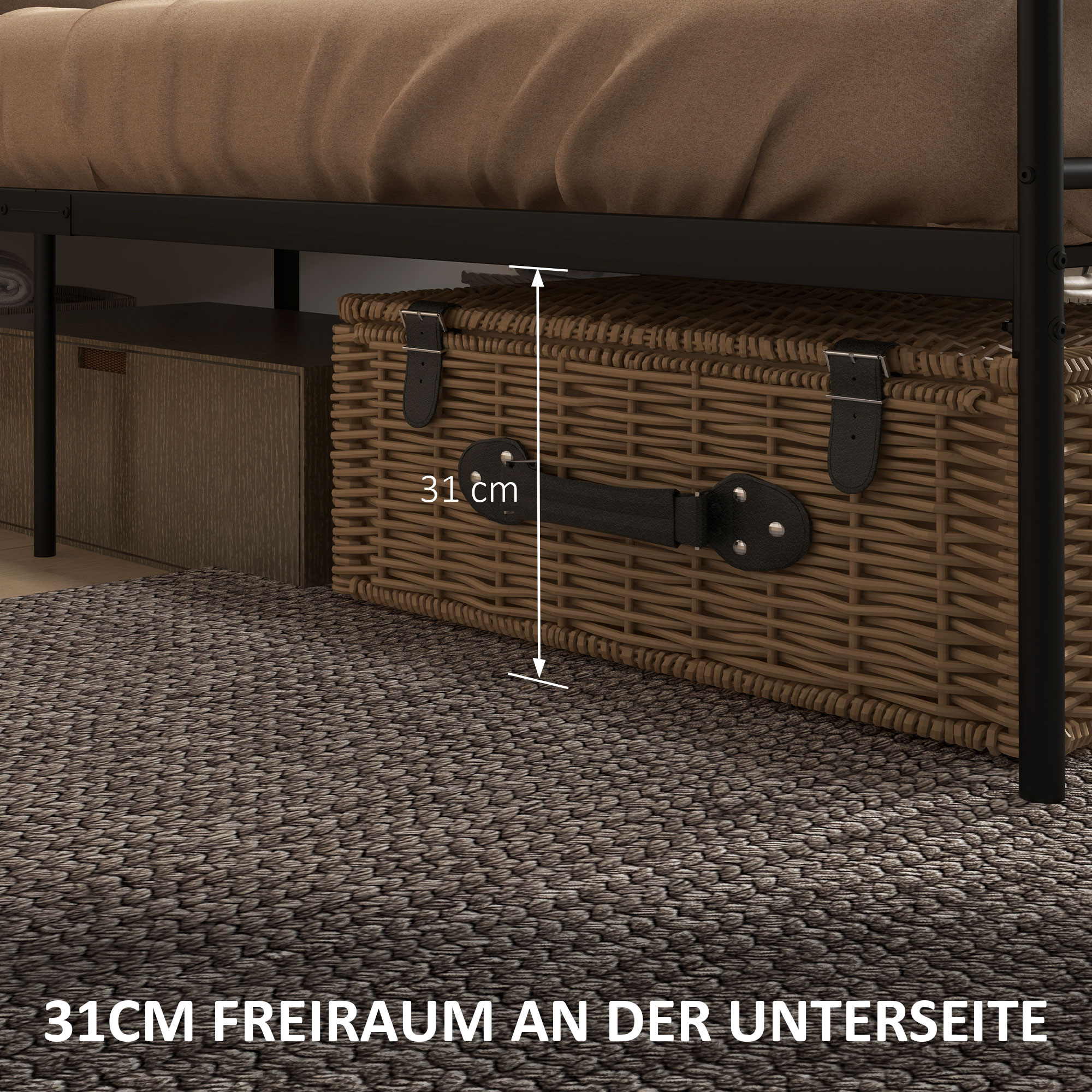 Bett 160 x 200 cm Bettrahmen mit Lattenrost aus Stahl, Unterbettaufbewahrung, Doppelbett, Schwarz