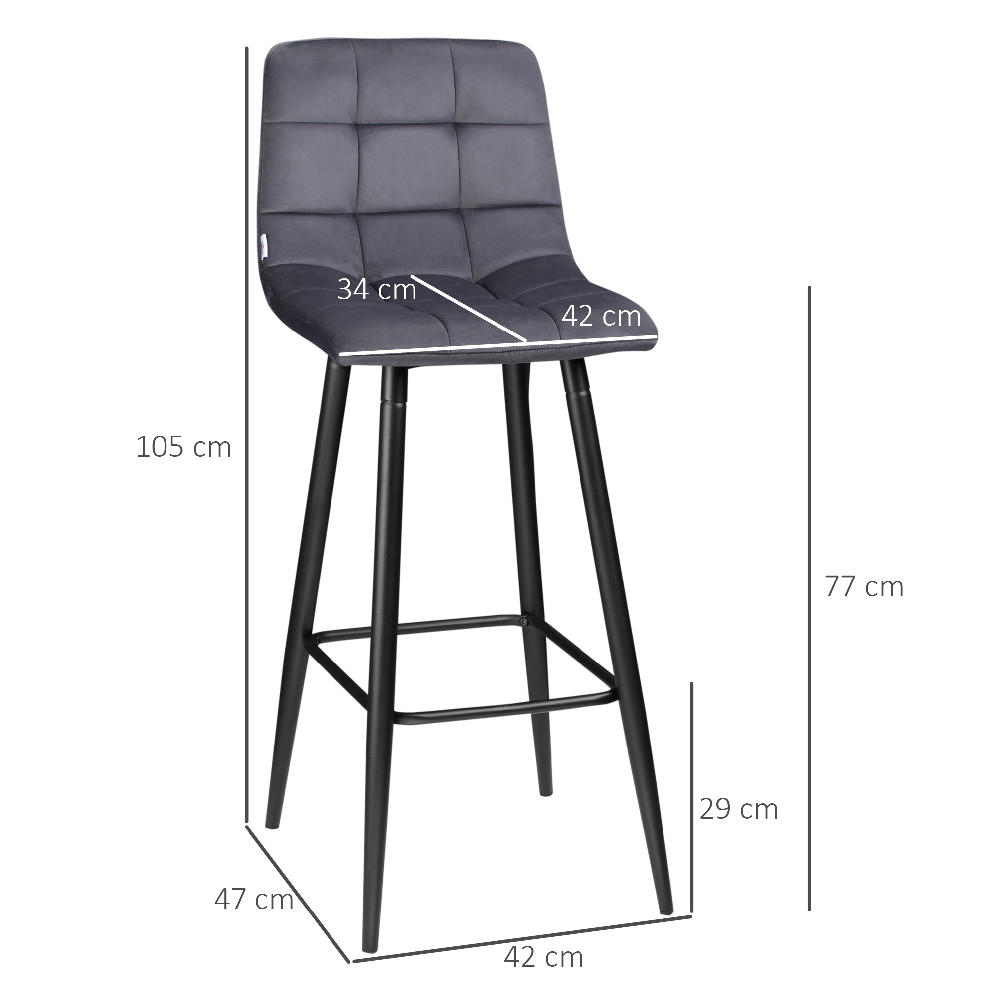 2er-Set Barhocker mit Fußstütze im Retrodesign 42 cm x 55 cm x 103 cm Grau