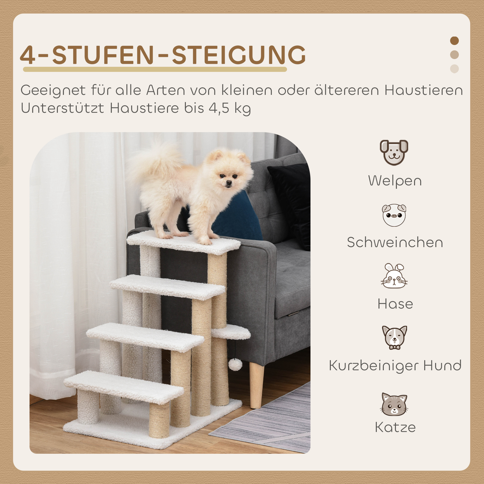 Katzentreppe 4-stufige Haustiertreppe mit Kratzsäulen Ball Hundetreppe Tiertreppe für Katzen bis 5 kg Plüsch Jute Weiß 60 x 40 x 64 cm