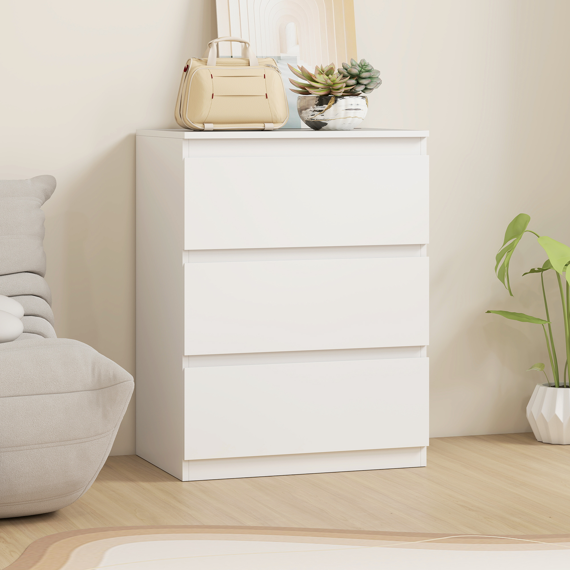 Kommode mit 3 Schubladen, für Wohnzimmer, Schlafzimmer, Flur, Spanplatte, Weiß