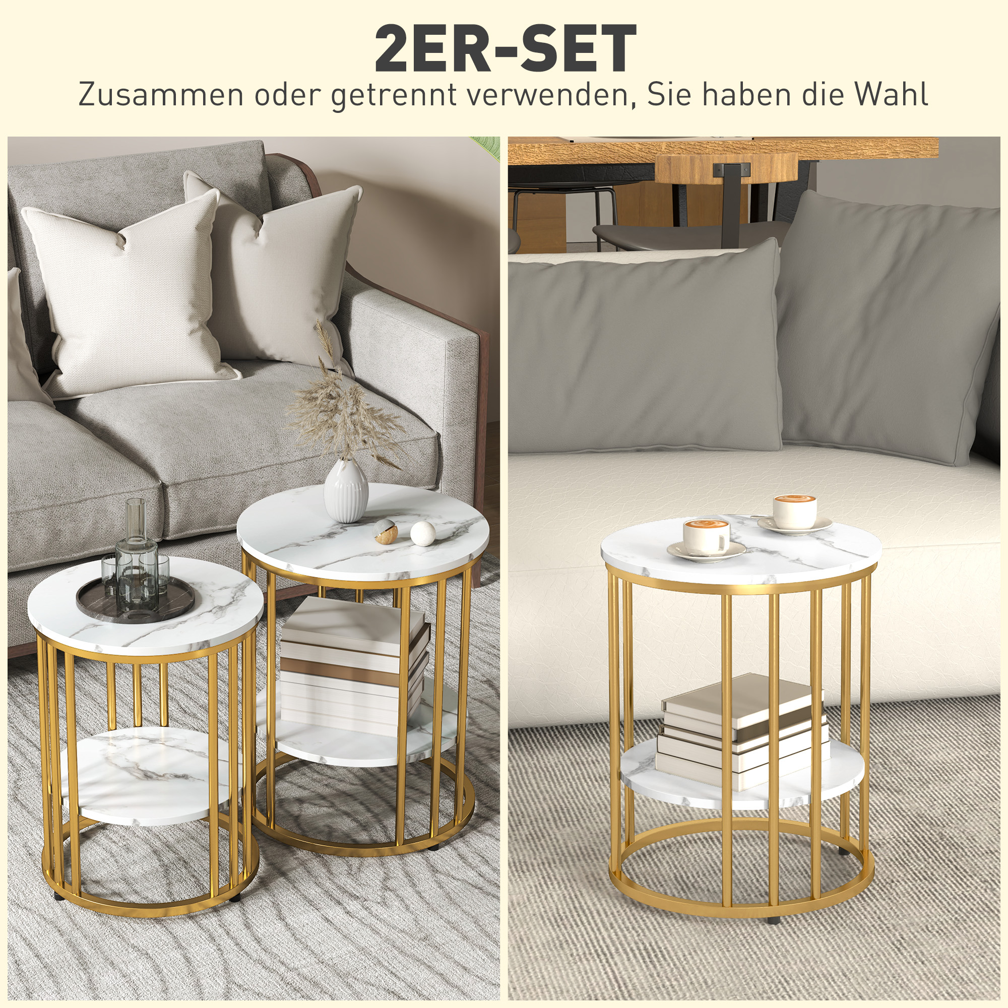 Runder Beistelltisch im 2er-Set, Couchtische in Marmoroptik mit offenem Stauraum und Metallrahmen