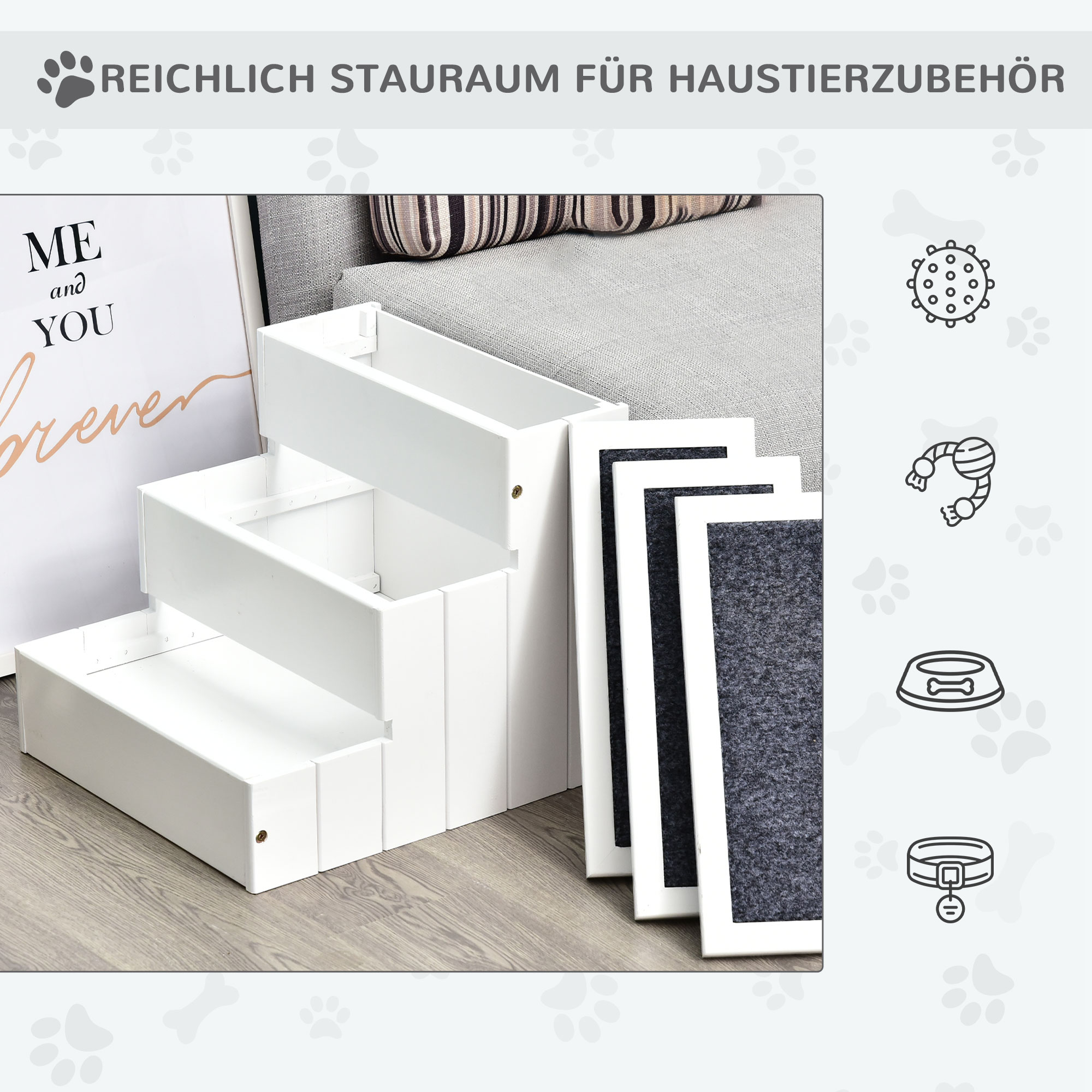 Hundetreppe 3 Stufen Katzentreppe Haustiertreppe Hundetreppe für Hunde und Katzen Tiertreppe Einstiegshilfe mit Teppich Stauraum für Sofa Bett Tannenholz Weiß 40,5 x 44,5 x 38 cm