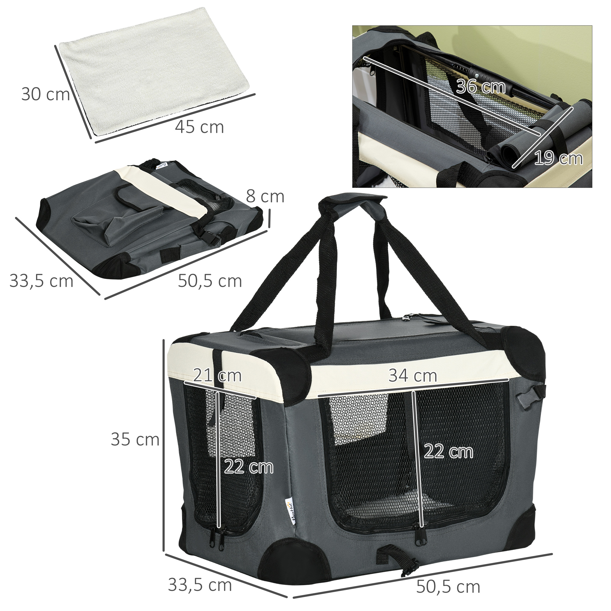 Transporttasche, Transportbox, für Katzen und kleine Hunde, faltbar, 3 Türen, grau, 50,5 x 33,5 x 35cm