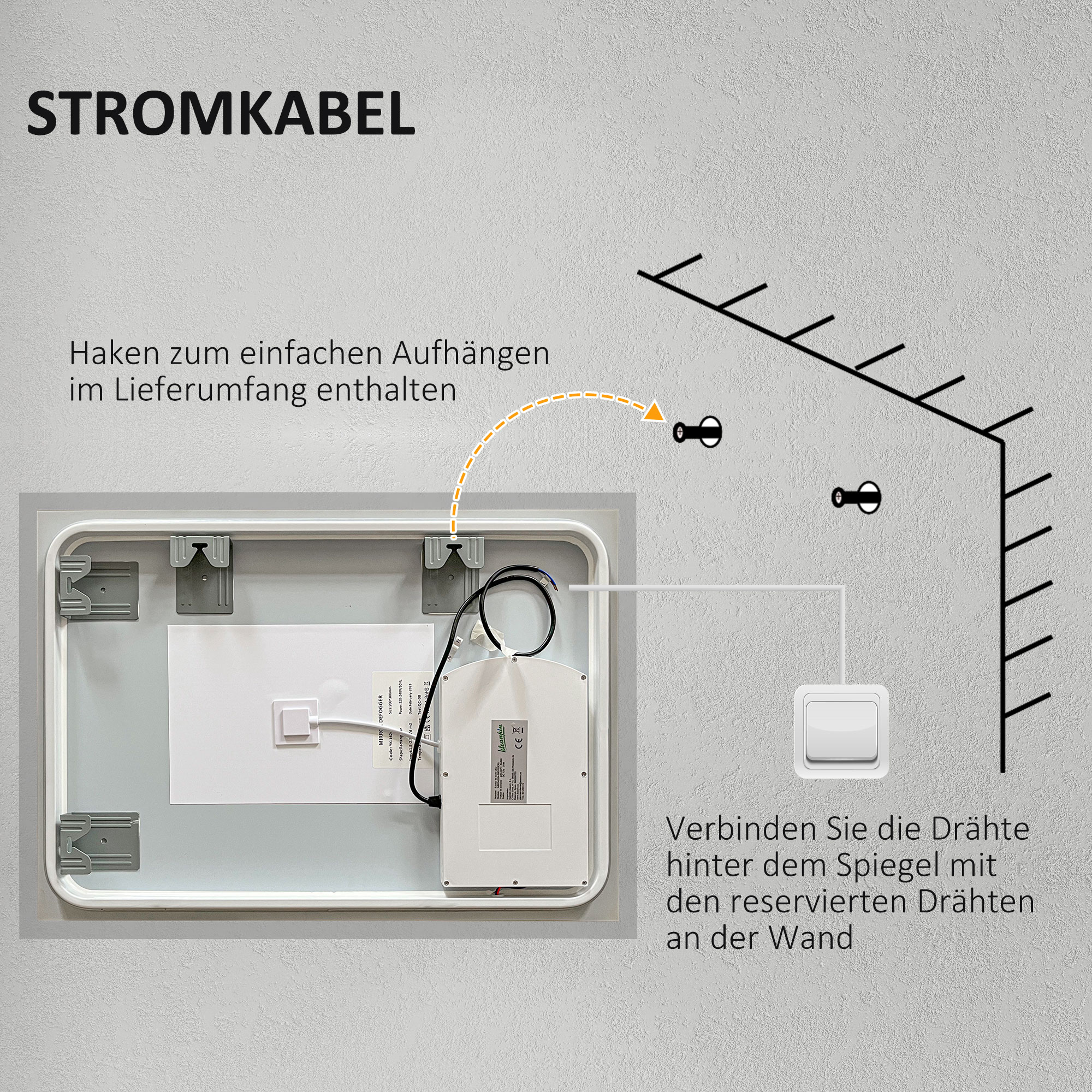 LED Badezimmerspiegel, Hintergrundbeleuchtung, Touch-Funktion, Memory-Funktion, kein Beschlagen, 70 x 50 cm