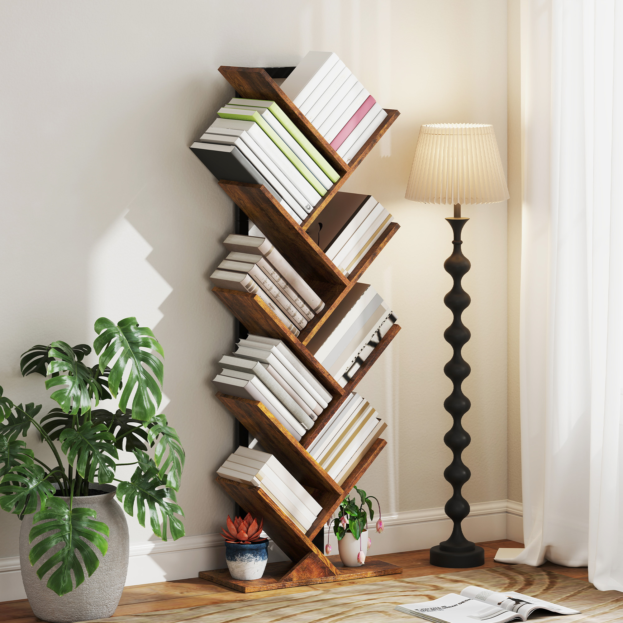 Bücherregal Standregal mit 9 Ebenen Schmal Regal im Baumform für Büro, Rustikal Braun
