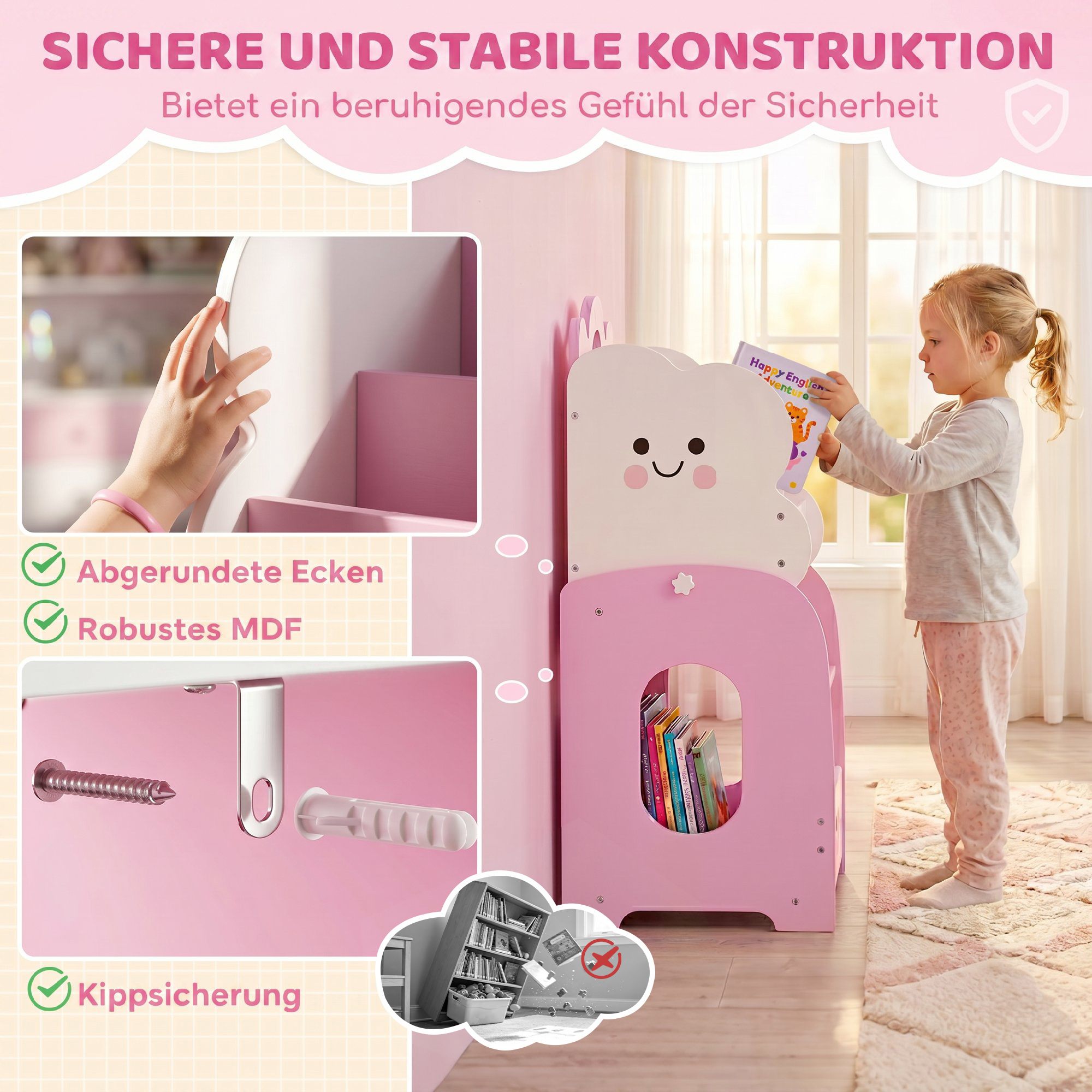 3-in-1 Kinderregal mit Spielzeugaufbewahrung, Modularer Bücherregal mit 4 Taschen & 3 Ebenen sowie Nachttisch, Rosa