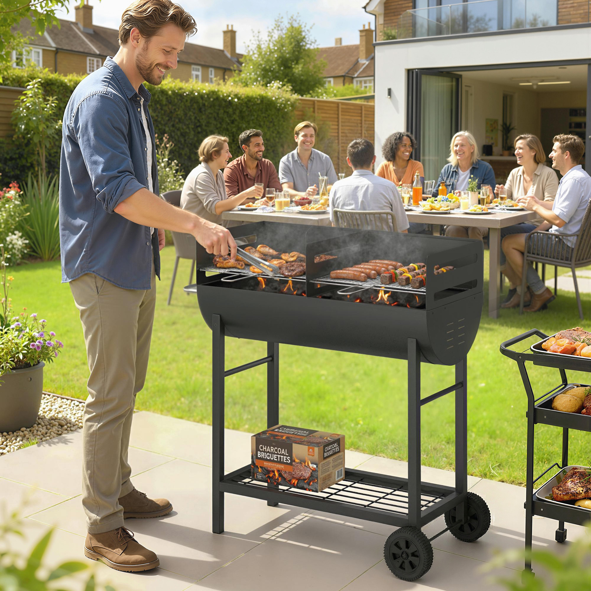 Holzkohlegrill Grillwagen mit 2 Grillzonen höhenverstellbarer Grillrost Holzablage Räder Seitengriff, 103 x 46,5 x 100cm