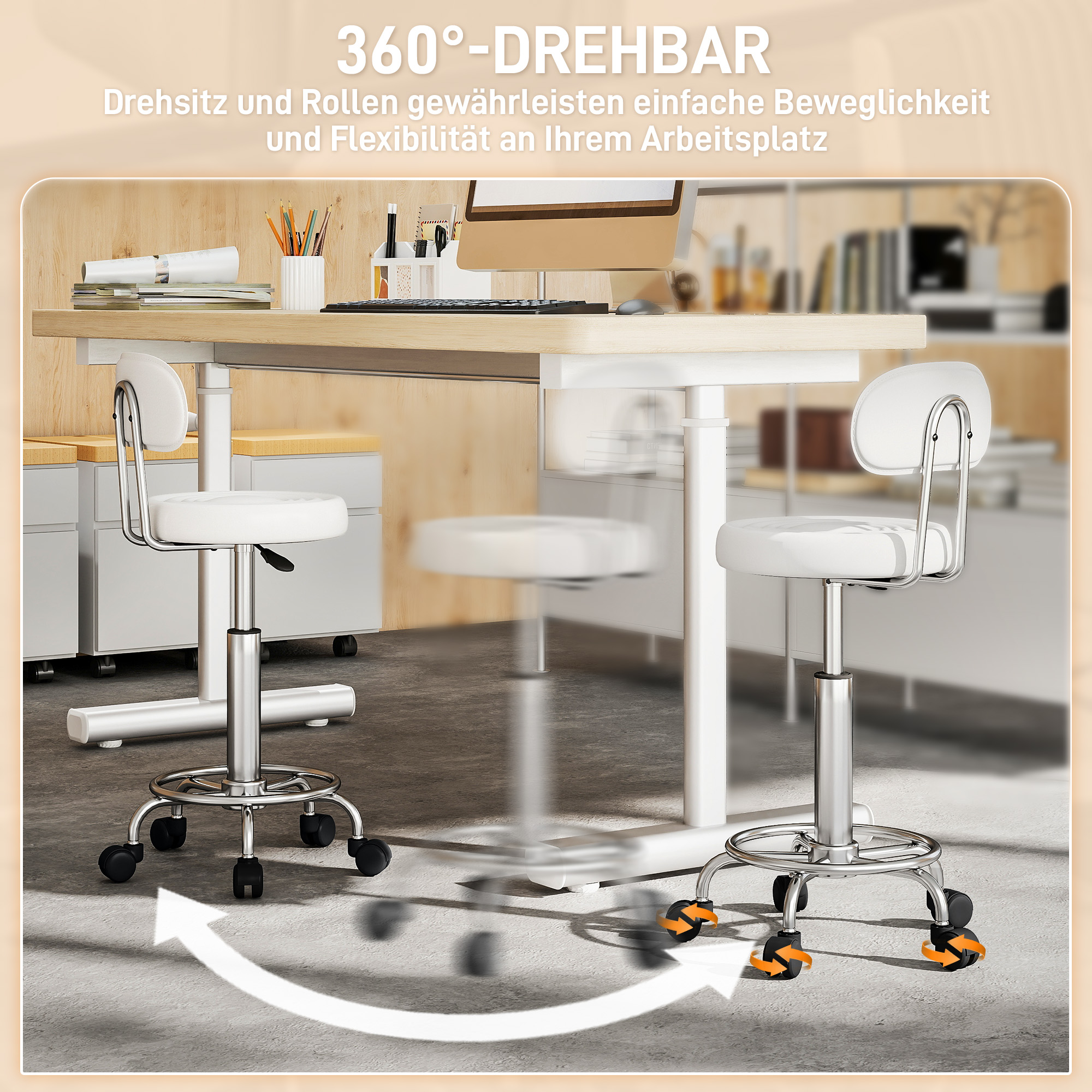 Rollhocker, Drehbarer und verstellbarer Hocker mit Rückenlehne, Kunstlederbezug, Fußstütze, für Frisiertische, Weiß