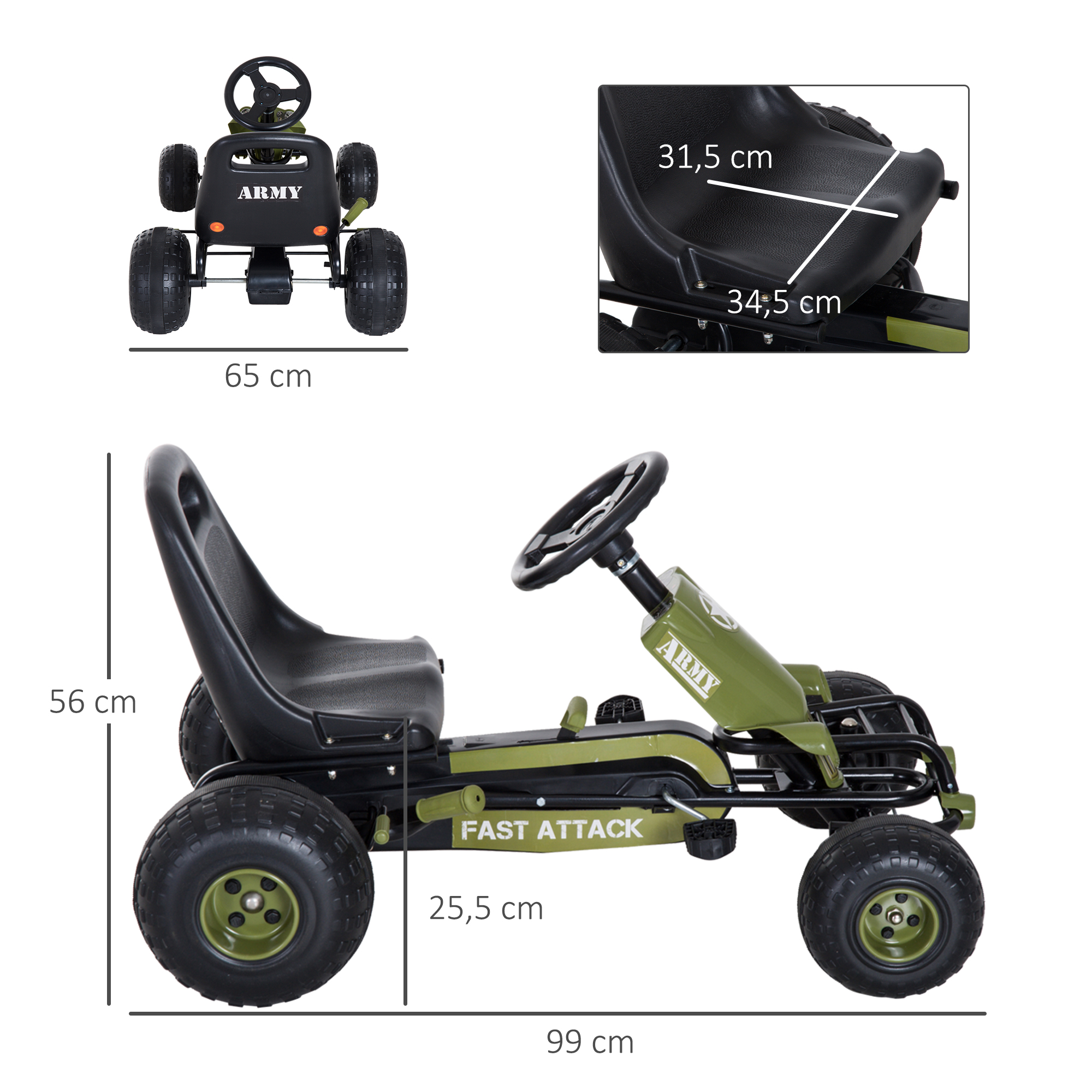 Go Kart Tretauto Tretfahrzeug mit Handbremse, Vor- und Rückwärtsgang, Kinderfahrzeug Kettcar Tretfahrzeug mit Verstellbarem Sitz für Kinder 3-6 Jahren, 99 x 65 x 56cm Grün