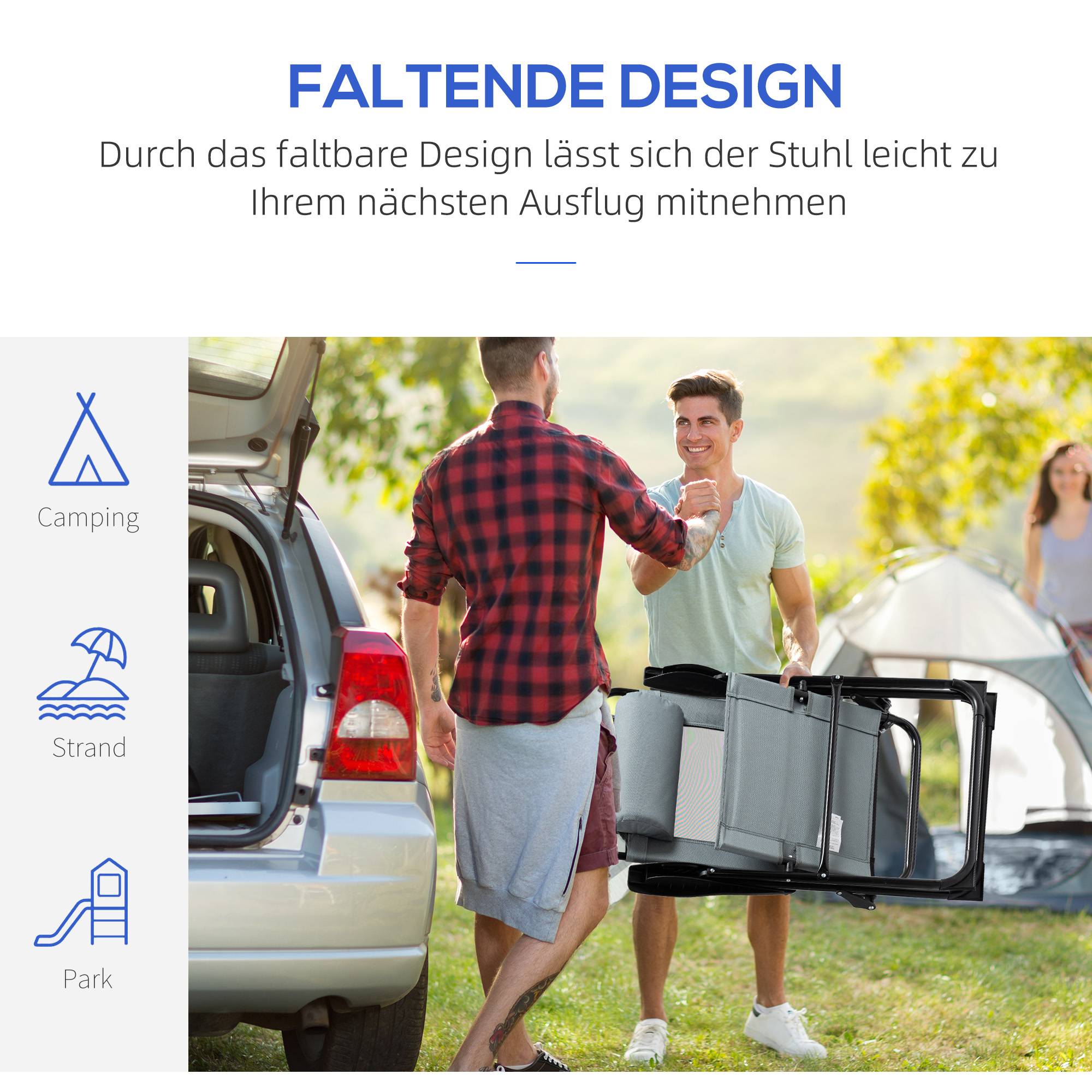 Klappstuhl 2er-Set, Klappliege, wetterfest, 5-fach verstellbare Rückenlehne, Metallgestell, Grau
