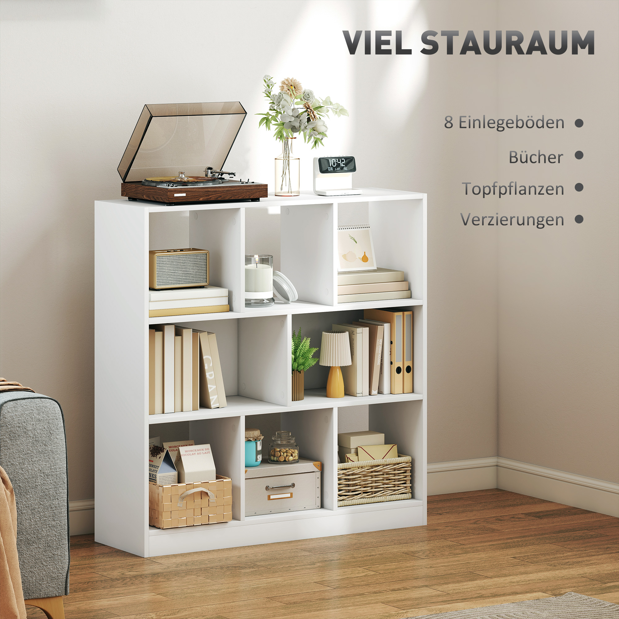 Bücherregal Regal Standregal, 8 Regalfächer, 97,5 x 30 x 100 cm, Weiß