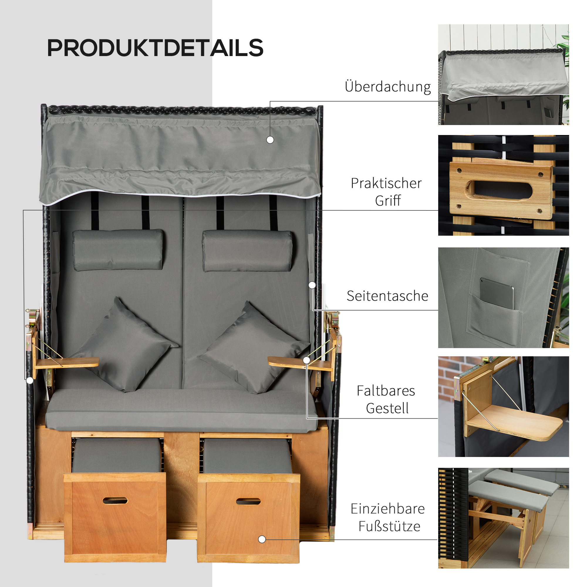 Strandkorb für 2 Personen, inkl, Kissen, Nackenrolle und Fußstützen, wetterbeständig, hellgrau