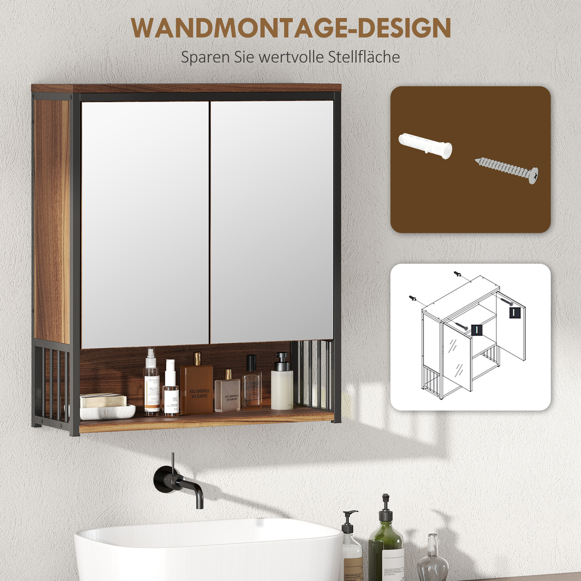 Hängender Spiegelschrank für Badezimmer, Badschrank aus MDF, Spanplatte, Braun