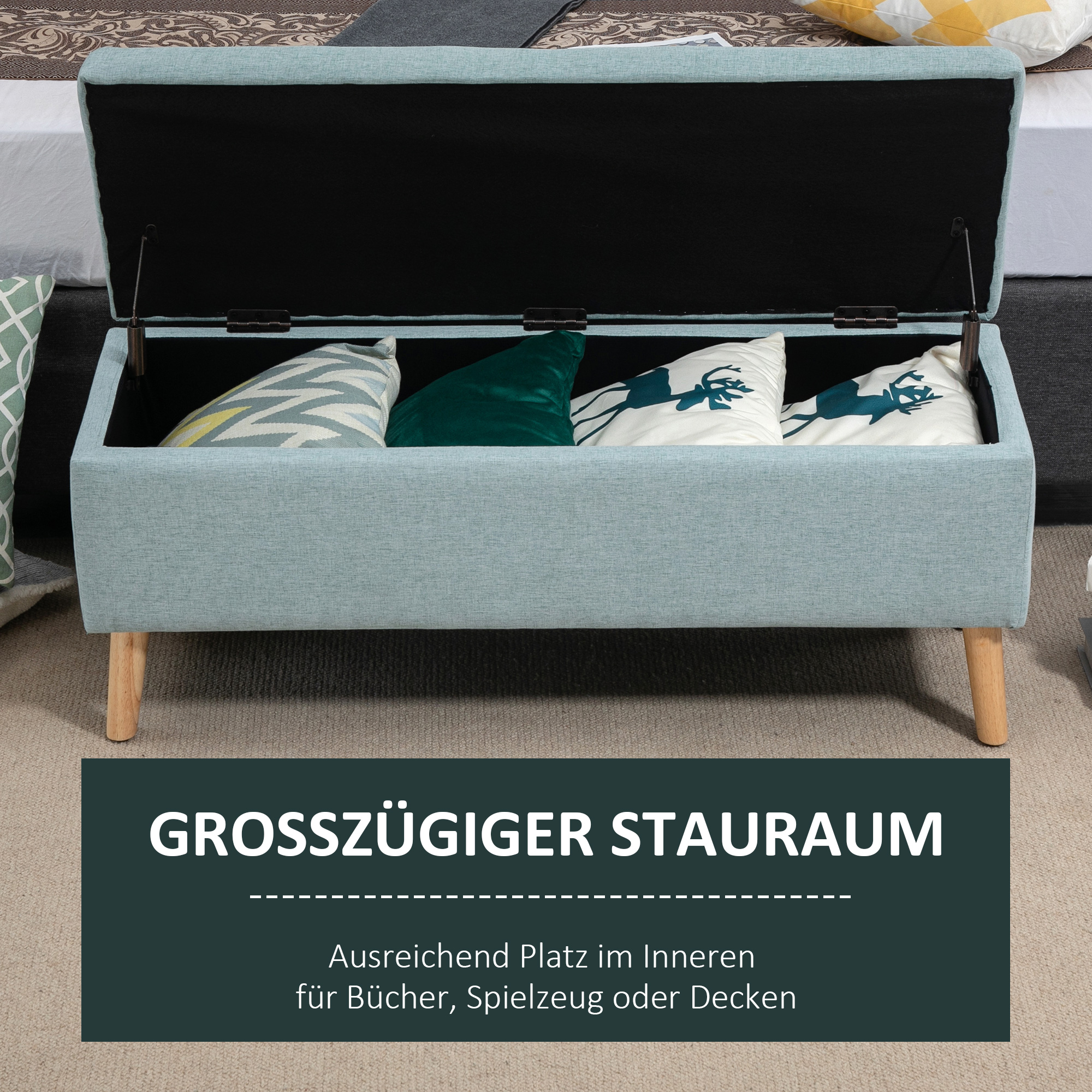 Sitzbank mit Stauraum Polsterbank mit Leinenoptik, Sitztruhe mit Holzbeine, Truhenbank für Wohnzimmer Schlafzimmer Flur 110 x 39 x 45 cm, Hellgrün