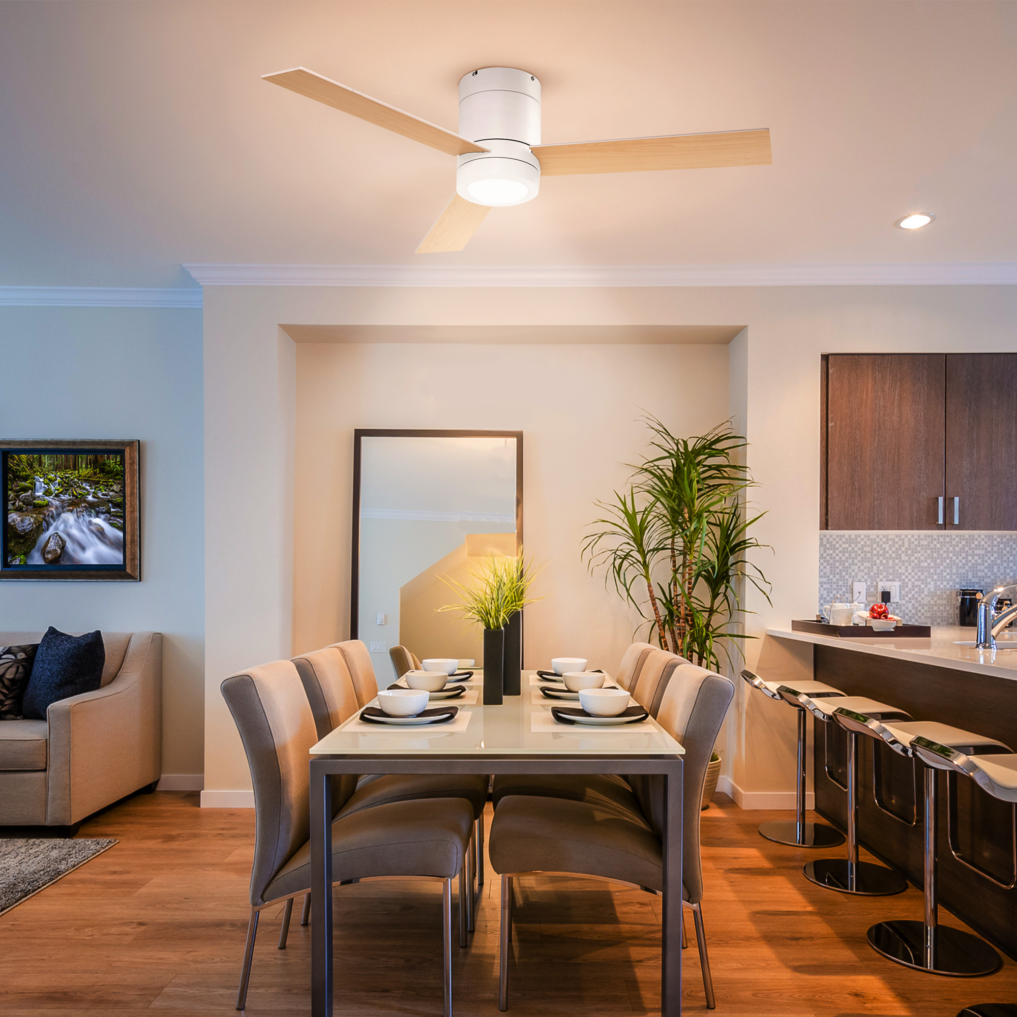 Deckenventilator mit LED-Licht, 2-in-1 Design, mit Timer, Fernbedienung, Deckenlampe mit Ventilator, Weiß+Naturholz