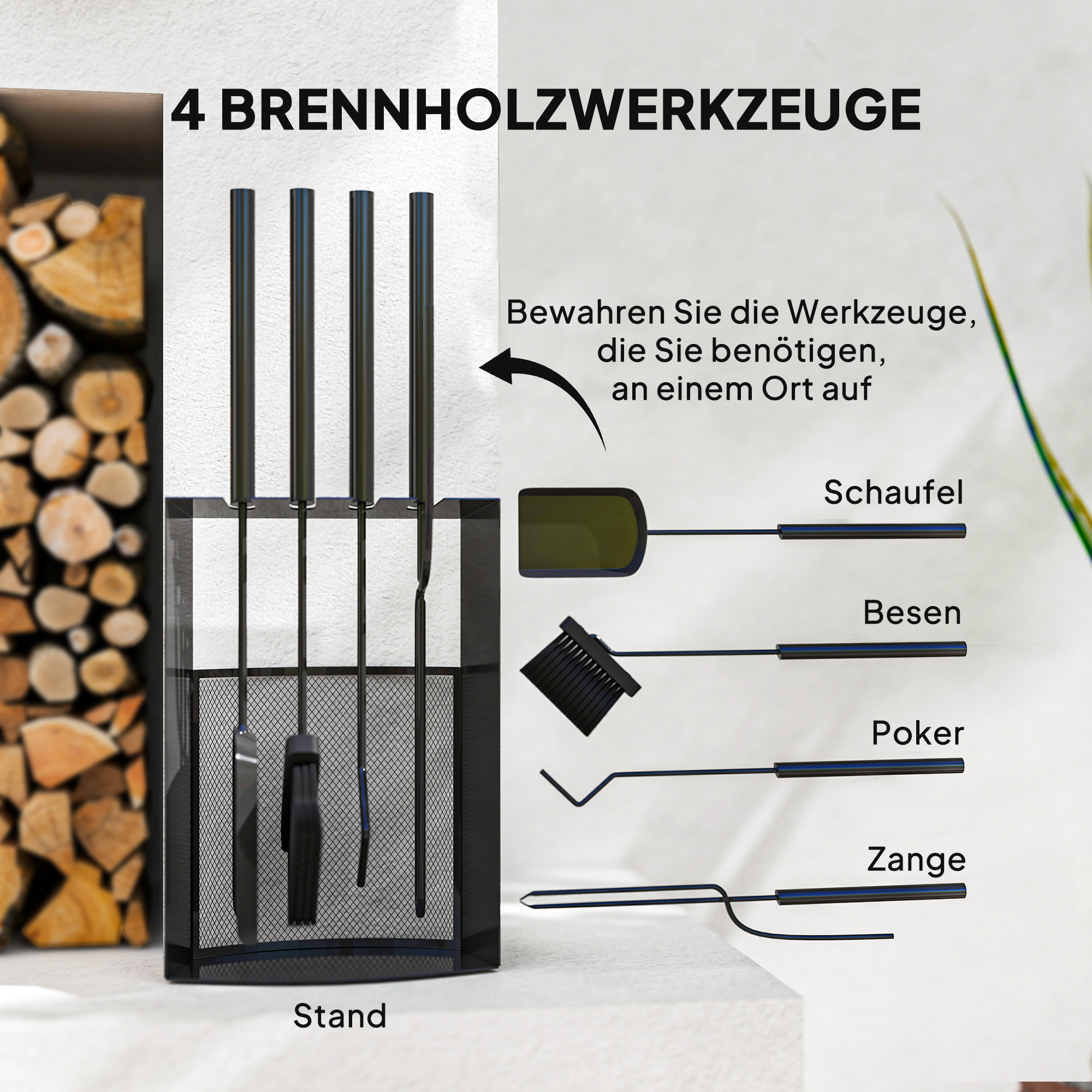 Kaminbesteck Set 5teilig Kaminzubehör mit Besen, Schaufel, Schürhaken Zange Ständer Metall, Schwarz
