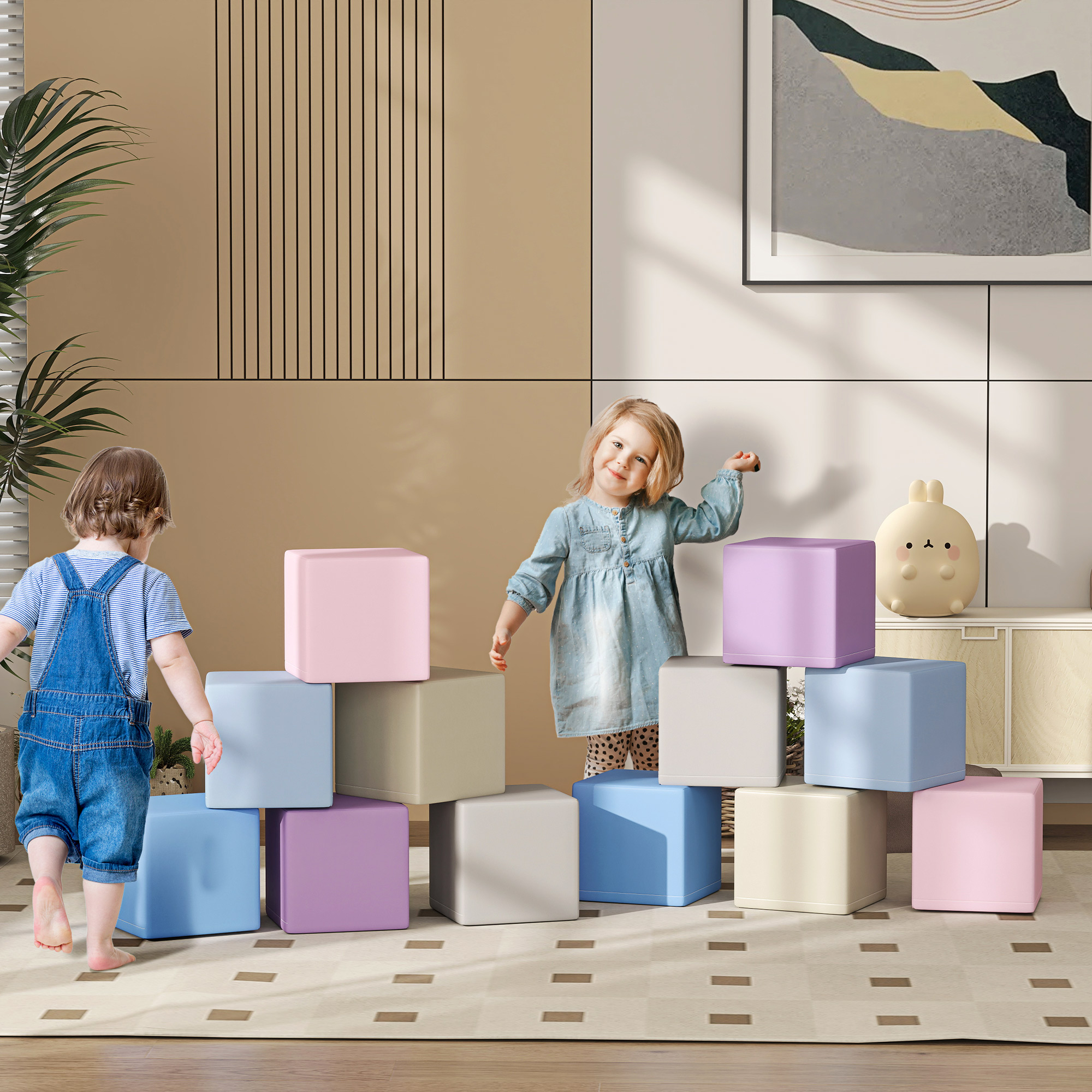 Softbausteine, 12 Würfel á 20 x 20 x 20 cm, pflegeleicht, kindersicher, für 1-3 Jahre, Kunstleder