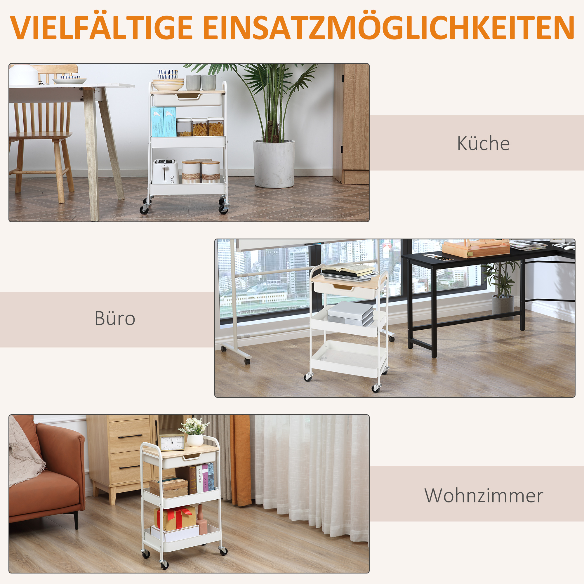 Rollbarer Küchenwagen, 2 Regale, Schublade, Ablage, 4 Rollen, Griffe, Stahl, Weiß