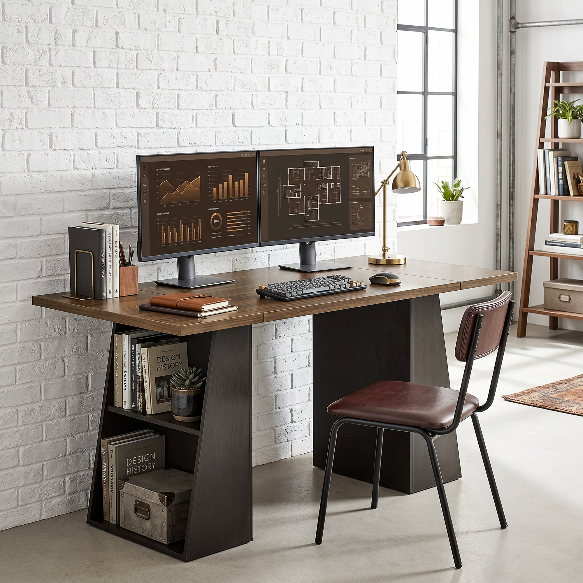 Schreibtisch mit 4 offenen Ablagen, Industrial Design, 140 cm, Braun-Schwarz