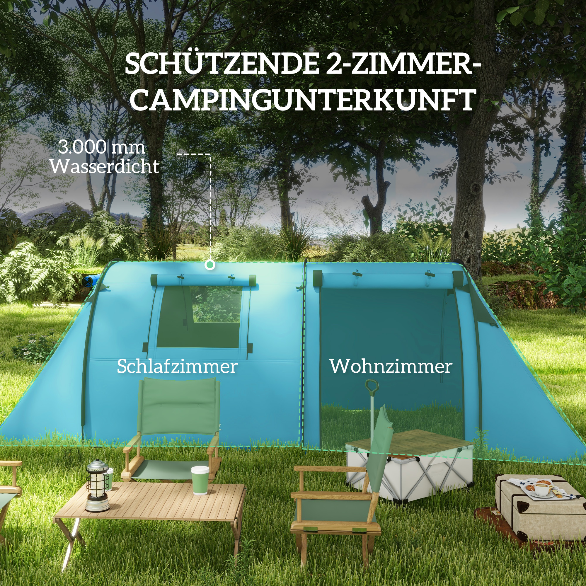 Campingzelt für 3-4 Personen stabil wasserdicht Familienzelt mit Schlafzimmer Wohnzimmer 3000mm Wassersäule Himmelblau