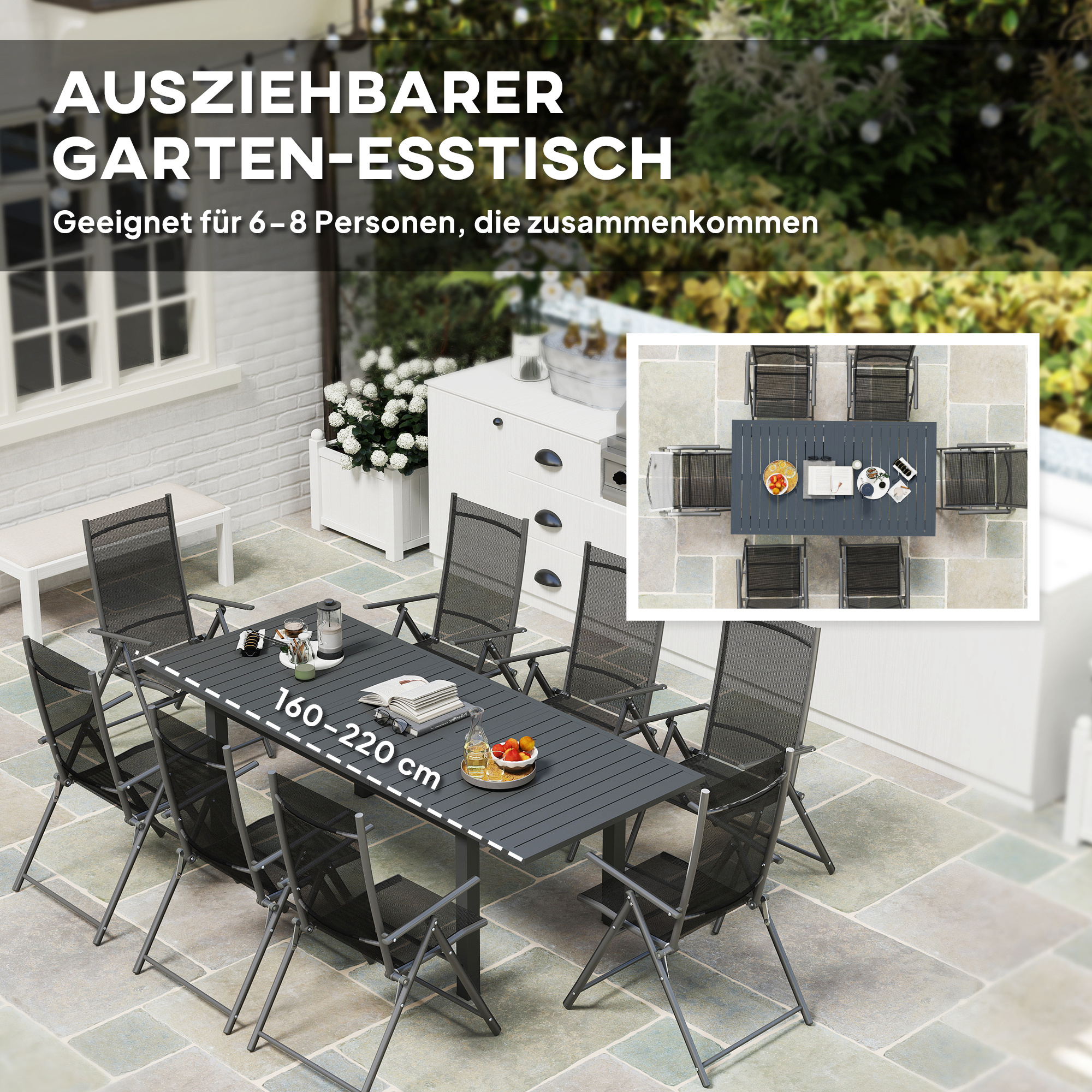 Gartentisch Erweitert Aluminium 160/220x90 cm Wetterfest Balkontisch, rutschfest Buffettisch Grau