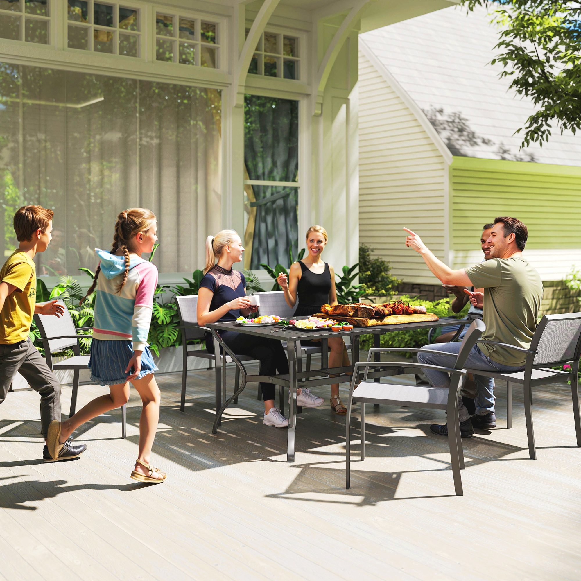 Gartentisch Stahl 150x90 cm Wetterfest Balkontisch mit Schirmloch, Lamellen-Design für 6 Personen Schwarz