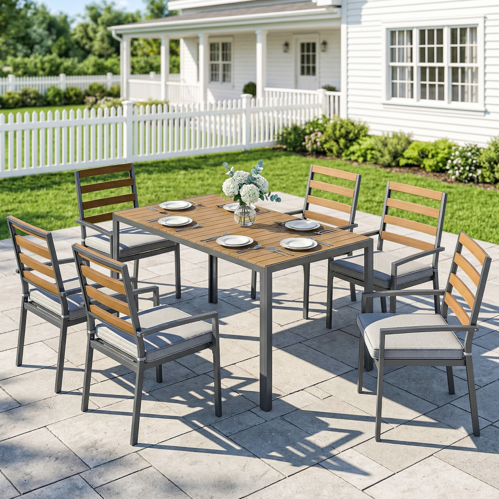 7 tlg. Sitzgruppe Gartenmöbel-Set, Gartengarnitur mit 1 Esstisch, 6 Stühlen, Kissen, für Terrasse, Naturholz
