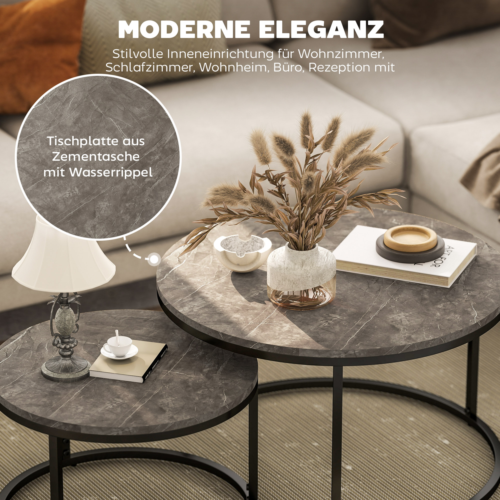 2er-Set runde Couchtische, stapelbare Beistelltische mit Metallrahmen, Wohnzimmertisch in Marmoroptik, Kaffeetisch, Grau