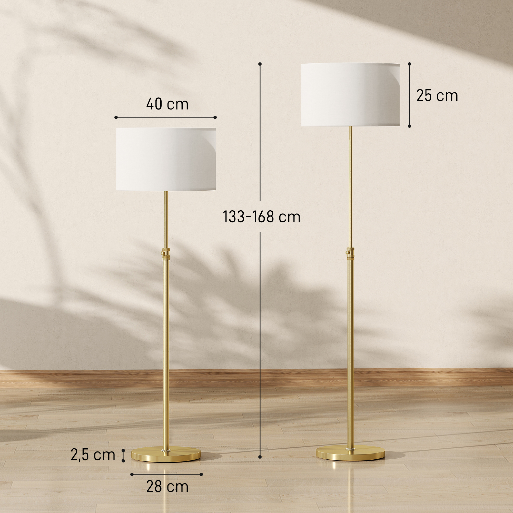 Stehlampe mit Fernbedienung, höhenverstellbar, Stoffschirm, Metallständer, anpassbare Helligkeit, Fußschalter, Goldfarben