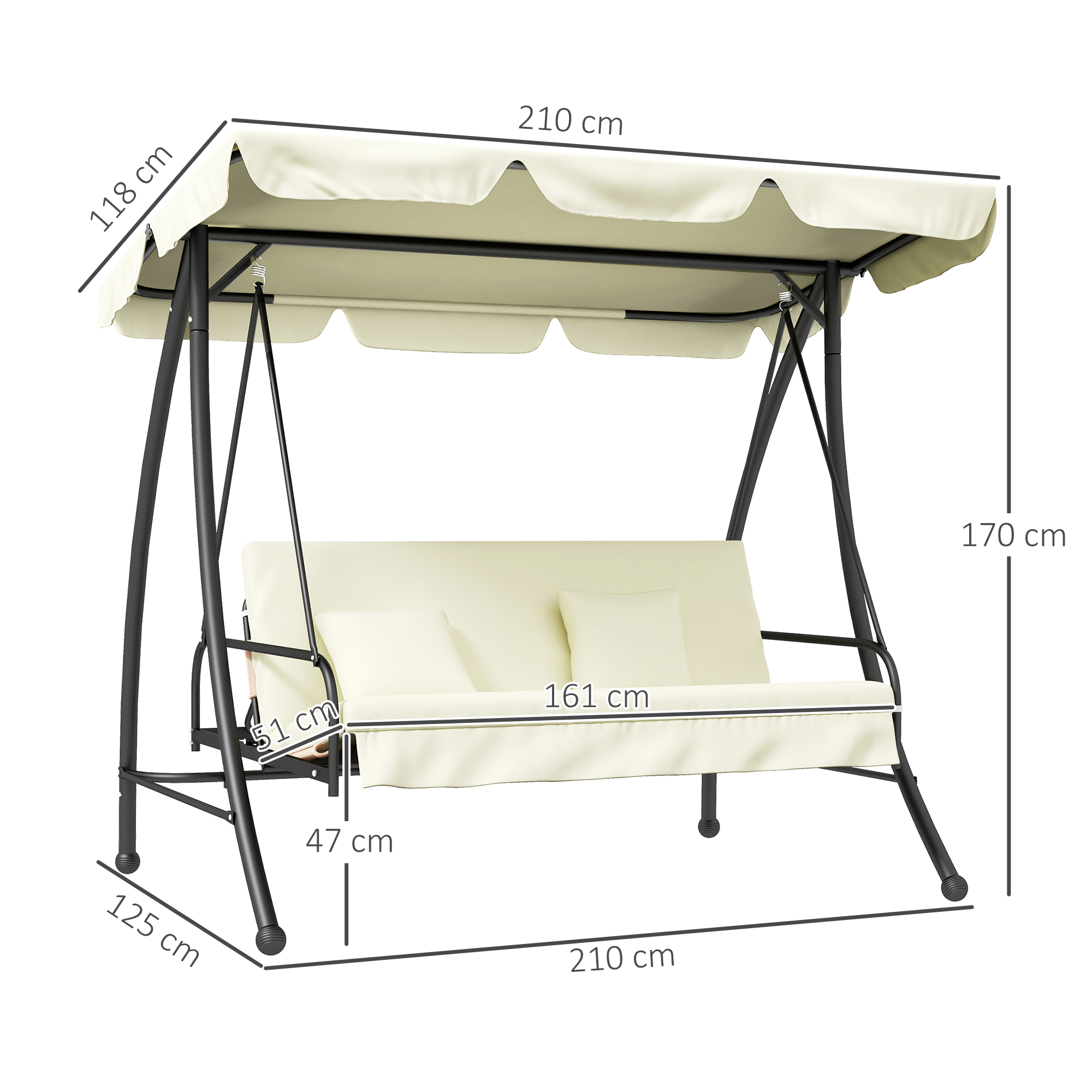 Hollywoodschaukel, Schaukelbank mit Liege-Funktion, 3 Sitzer, Metall+Polyester, 200 x 125 x 170 cm, Weiß