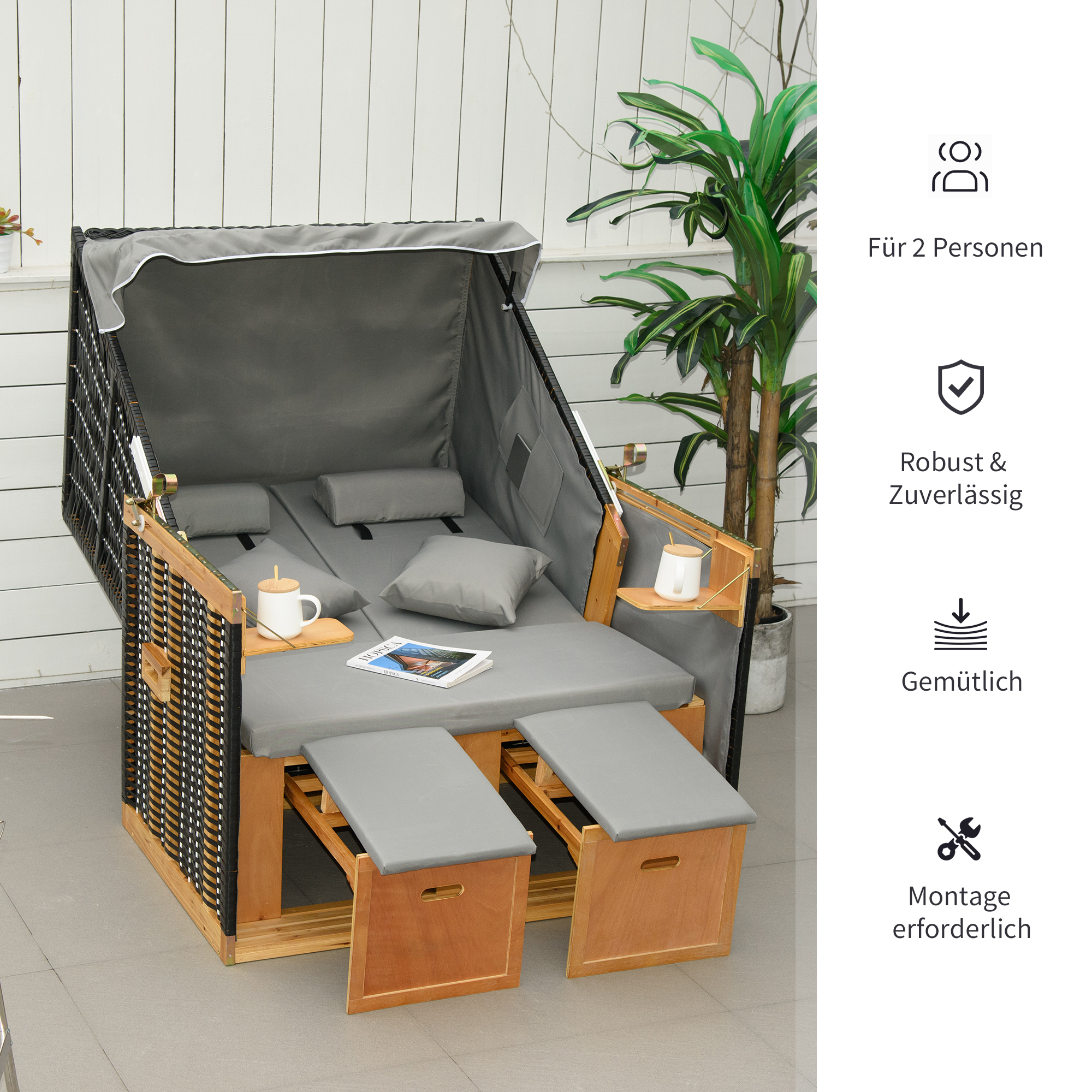 Strandkorb für 2 Personen, inkl, Kissen, Nackenrolle und Fußstützen, wetterbeständig, hellgrau